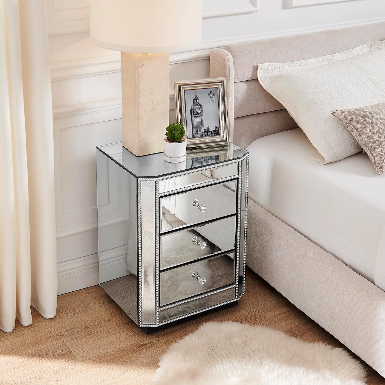 3-Drawer Mirrored Nightstand Bedside Table, Modern Mirrored End Side Table for Living Room, Bedroom, Entryway