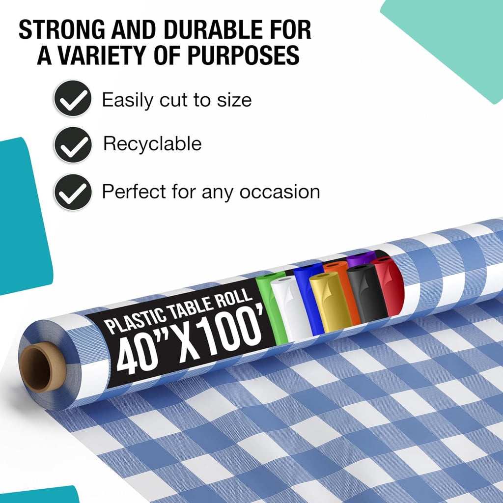 Exquisite Party Solids Blue Gingham Plastic Table Cover Roll Pack of 6, 40' X 100' Table Cloth Plastic Cover Roll - Premium Quality Thick 0.5 MIL Banquet Rolls - Disposable Tablecloth Rolls