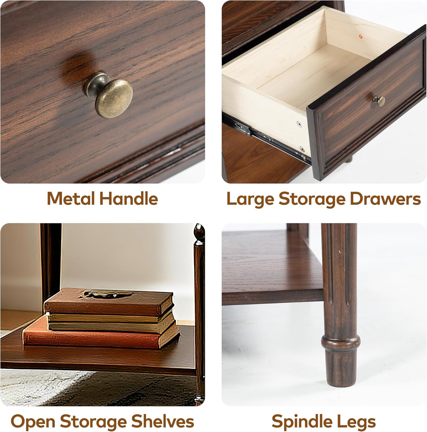 Chogori Solid Wood End Table with Drawer, 2PCS Sofa Side Table with Storage Shelves, Real Wood Beside Table Accent Table Nightstand for Small Spaces, Living Room, Easy Assembly (Walnut)
