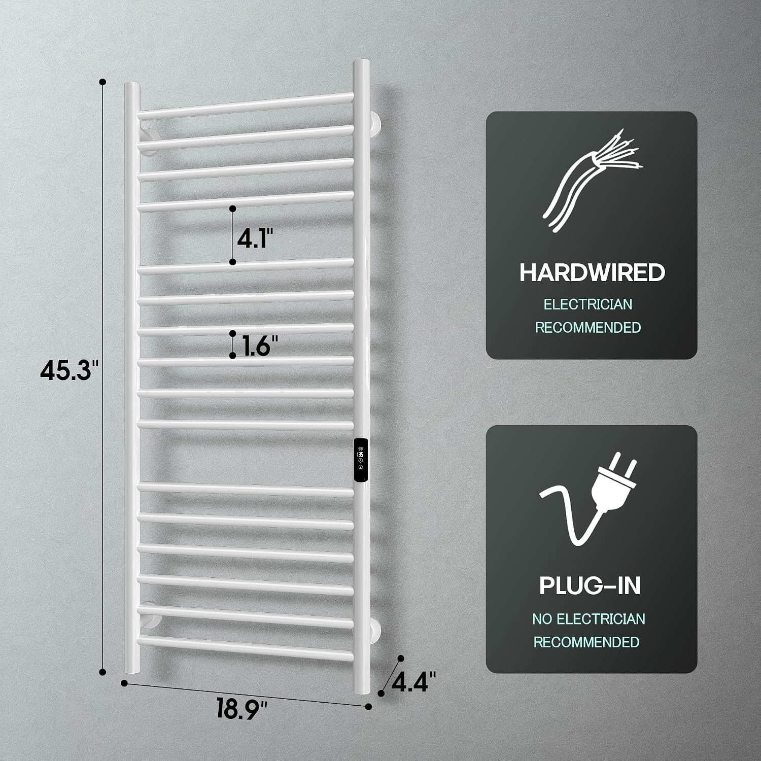 45.3'(L) x 19.5'(W) Wall Mounted Towel Warmer, Heated Towel Racks for Bathroom, Towel Dryer Heater, 16-Bars White, CSA Certified.