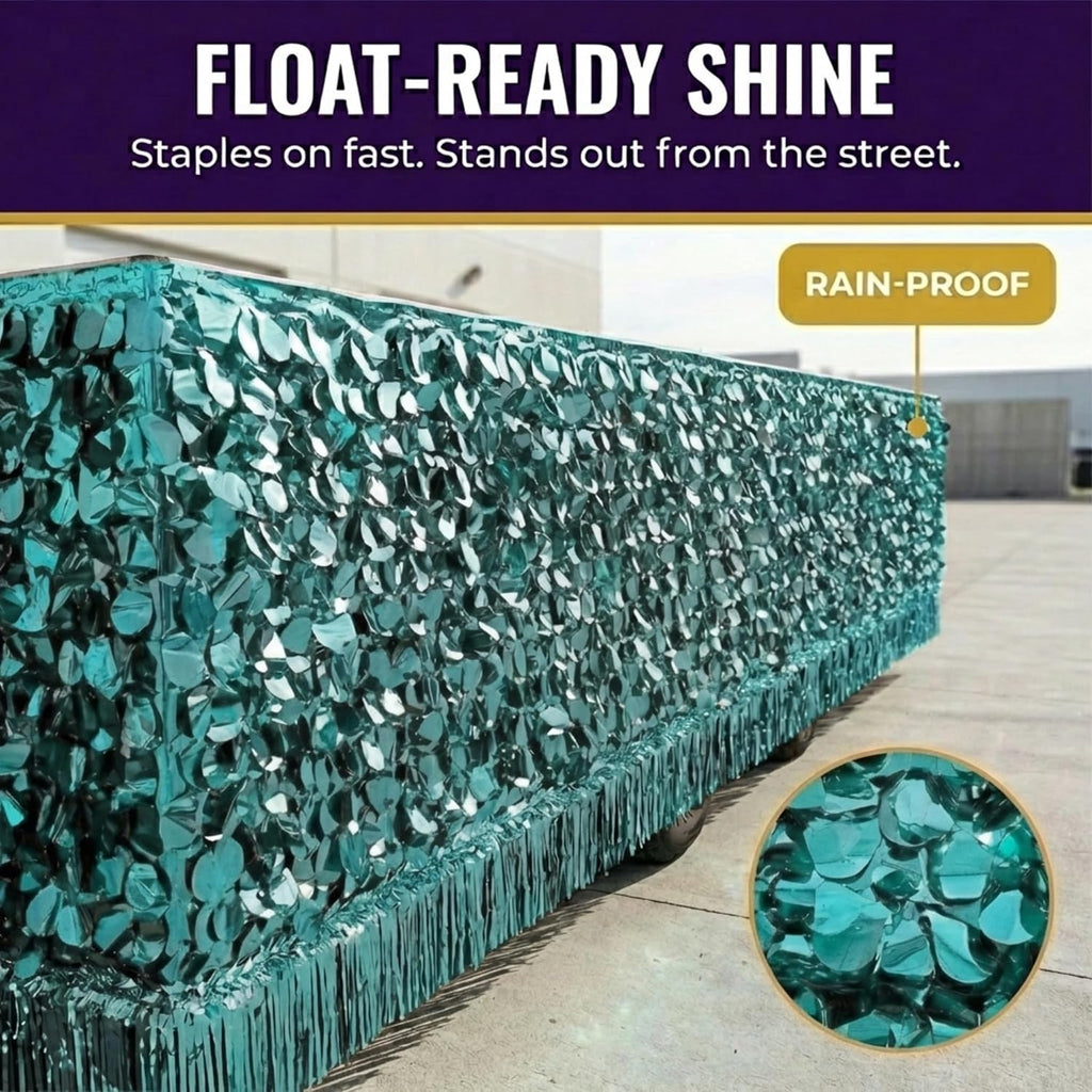 Anderson's Teal Metallic Floral Sheeting, 30 Ft. Parade Float Decoration for Trailers, Parties, Weddings, Proms, Photo Backdrops & Events – Shiny Fringe Garland for Indoor/Outdoor Use