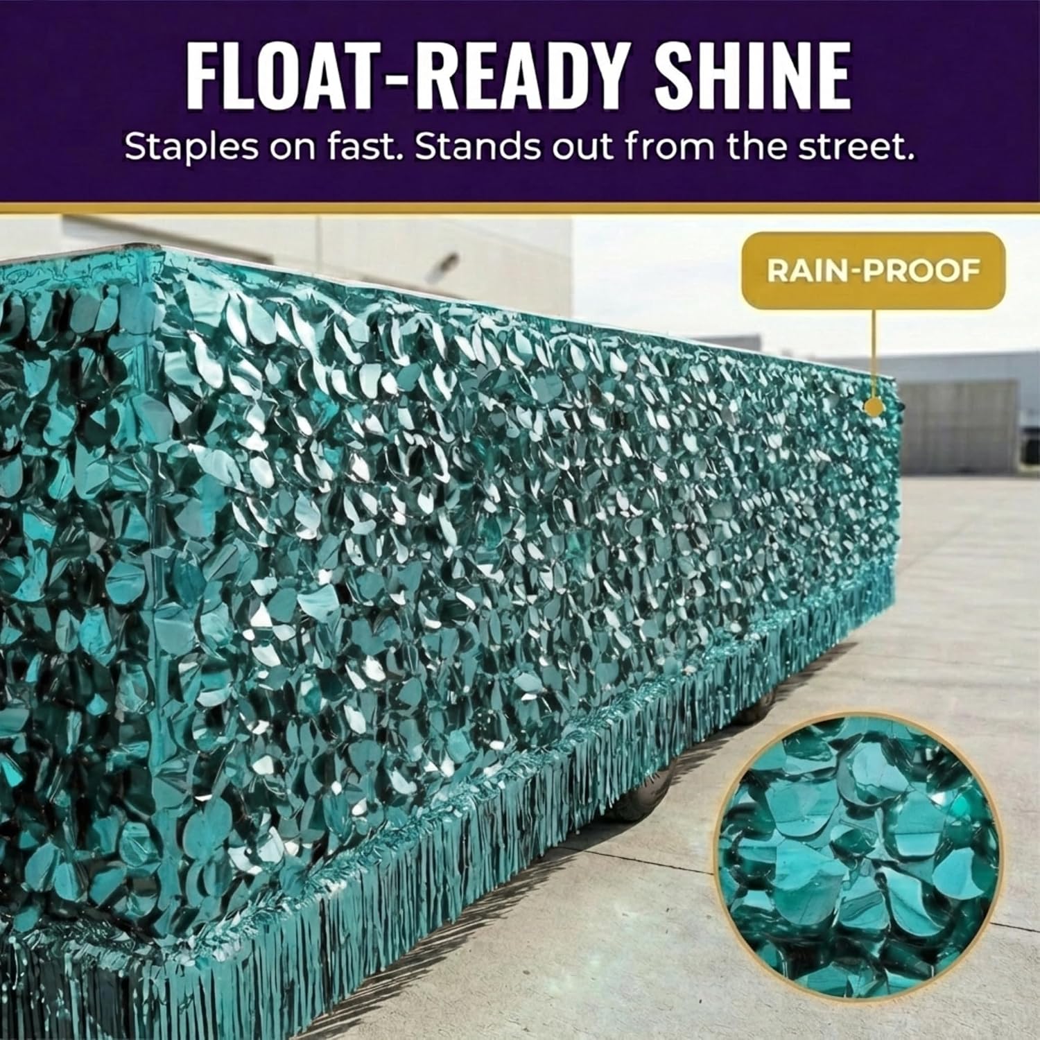 Anderson's Teal Metallic Floral Sheeting, 30 Ft. Parade Float Decoration for Trailers, Parties, Weddings, Proms, Photo Backdrops & Events – Shiny Fringe Garland for Indoor/Outdoor Use