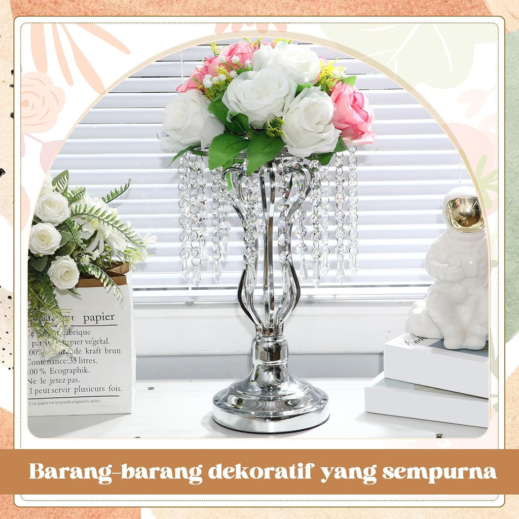 Didaey 16 Pcs Wedding Centerpieces for Tables, Gold Silver Vase Centerpiece with Chandelier Crystal Metal Flower Stand, Tall Flower Vases for Wedding Party Home Decoration(Silver,12.6')
