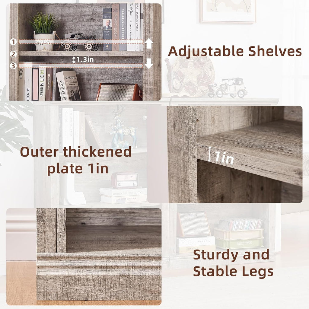 RWYHG 43' Grey Tall Bookshelf,3-Tier Thick Wooden Book Shelf with Adjustable Shelves,Free Standing Farmhouse Bookcase with Open Display Storage,Floor Vintage Bookshelves for Living Room,Office
