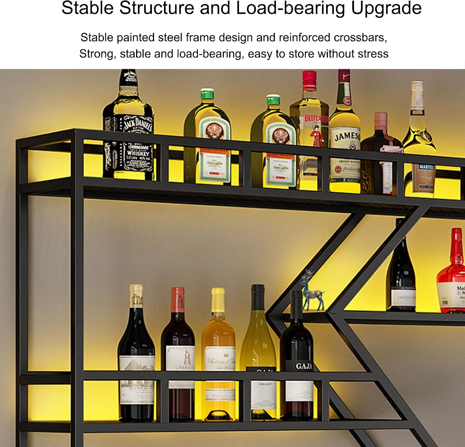 Wine Rack Wall Mounted Bar Shelves with Hanging Wine Glass Holder Rack and LED Light Liquor Bottle Display Shelf Floating Bar Shelves Whiskey Shelf Kitchen Wall Cabinet for Home Bar Cafe Dining Room (