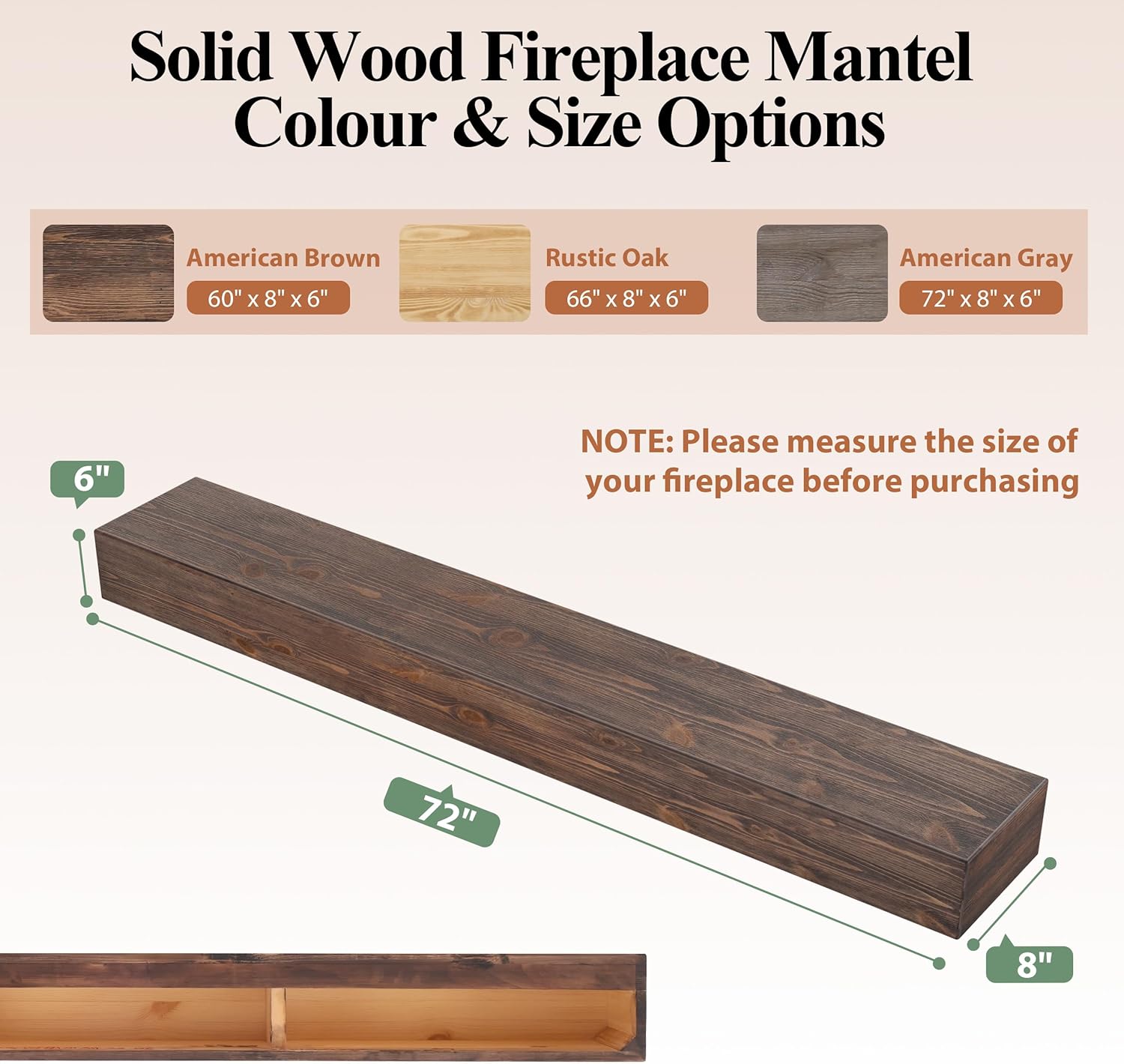 72 Inch Fireplace Mantel Shelf - 8' Deep Solid Wood Floating Mantel for Over Fireplace - 120LBS with Invisible Bracket - Handcrafted TV Decor for Livingroom & Bedroom - Charred Rustic Brown