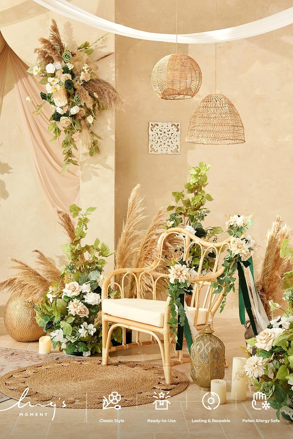 Ling's moment 41' Tall Free Standing Artificial Flowers Arrangements 2 pcs Wedding Arch Altar Stage Decorations Emerald & Tawny Beige Ceremony Reception Rose Fake Floral Party Centerpieces Decor