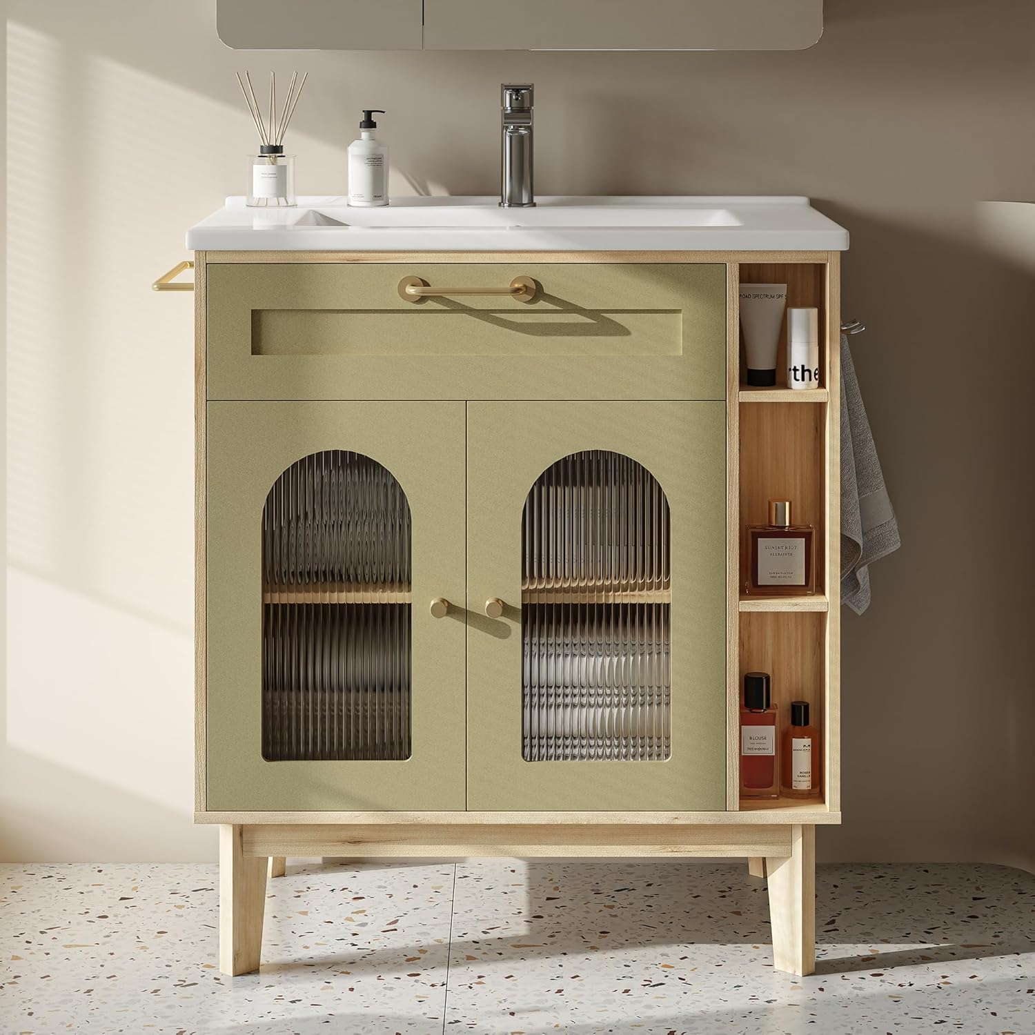 LIKIMIO 30 inch Bathroom Vanity with Sink, Bathroom Vanities Cabinet with Ceramic Sink, Arched Glass Door Storage with Adjustable Shelf, Solid Wood Legs, Towel Bar & Toilet Paper Holder