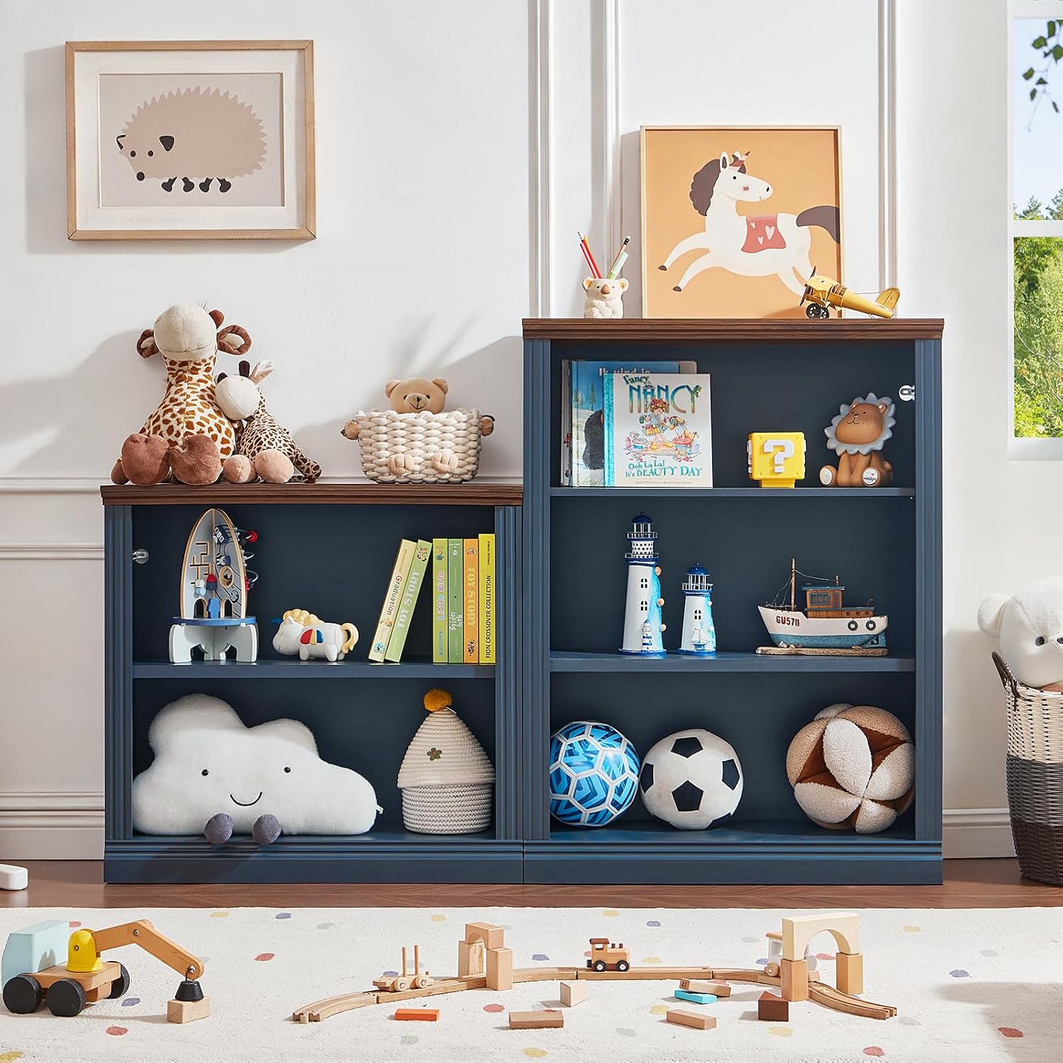 RWYHG 30' Blue Bookshelf Set of 3,2-Tier Thick Wood Book Shelf with Adjustable Shelve,Free Standing Farmhouse Bookcase with Open Display Storage,Floor Vintage Bookshelves for Living Room,Office