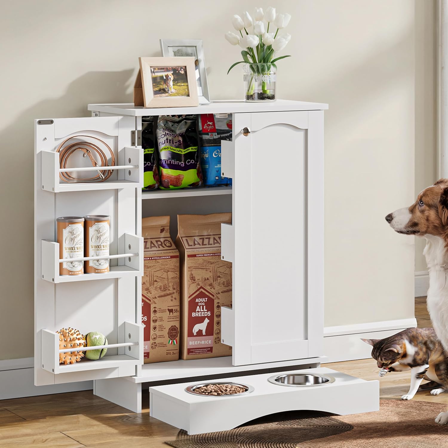 FIMELLO 31.7' High Dog Feeding Station with Feeding Bowls, Pet Organizers and Storage Adjustable Shelf, Dog Feeder Station, Pet Storage Cabinet for Cats and Dogs, White