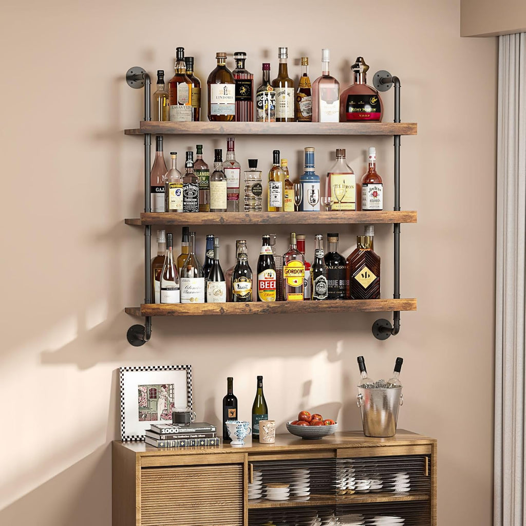 3-Tier Wall Mounted Wine Rack with LED,Liquor Bottles Floating Shelves Display Storage Organizer for Home Bar Dining Room Kitchen (40' W x 47.2' H)