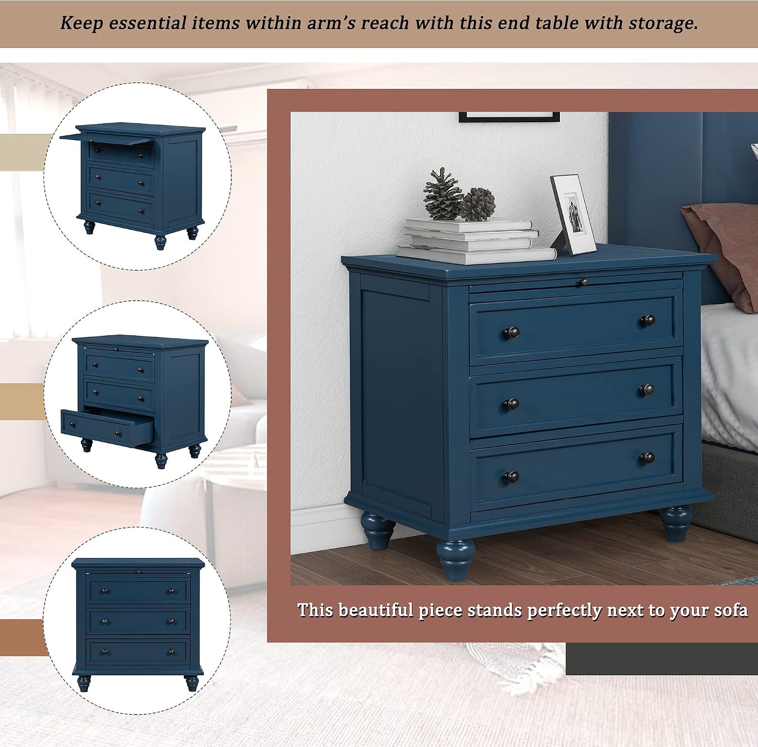 Modern Storage Wood Cabinet with 3-Drawer, Sofa Table Console Table End Table with Pull Out Tray, Accent Table Furniture for Entryway Living Room Bedroom, Fully Assembly Bedside Table (Blue)