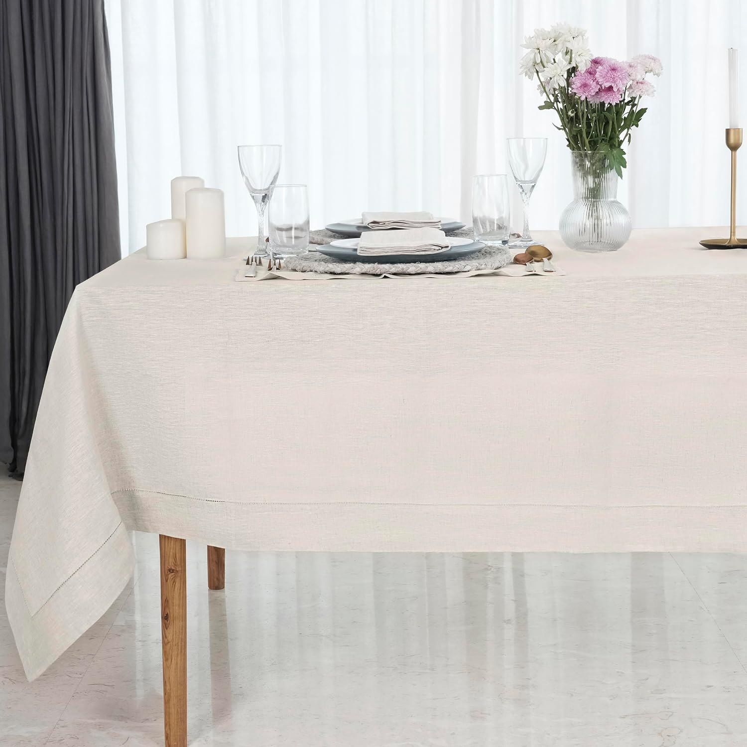 D'Moksha Homes Light Natural Linen Tablecloth 60 x 156 Inch - 100% Pure Linen Natural Tablecloth for Rectangle Tables - Classic Hemstitch, Machine Washable Table Cloth for Mothers Day, Spring