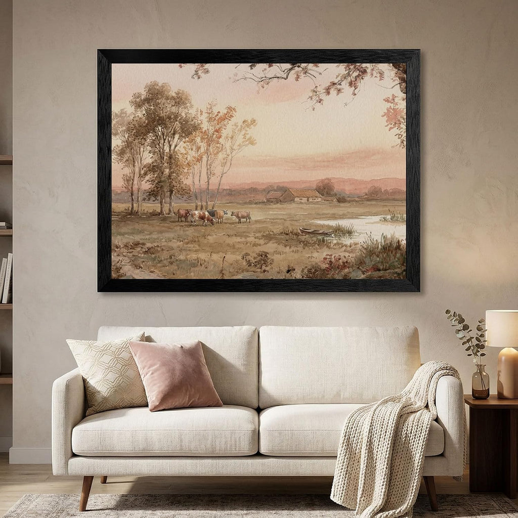 Framed Pastoral Landscape Wall Art, Black Frame Textured Finish, 19th-Century Style Watercolor Meadow at Dusk with Grazing Cattle and Elm Trees, Serene Countryside Home Decor - 24x36 Inch
