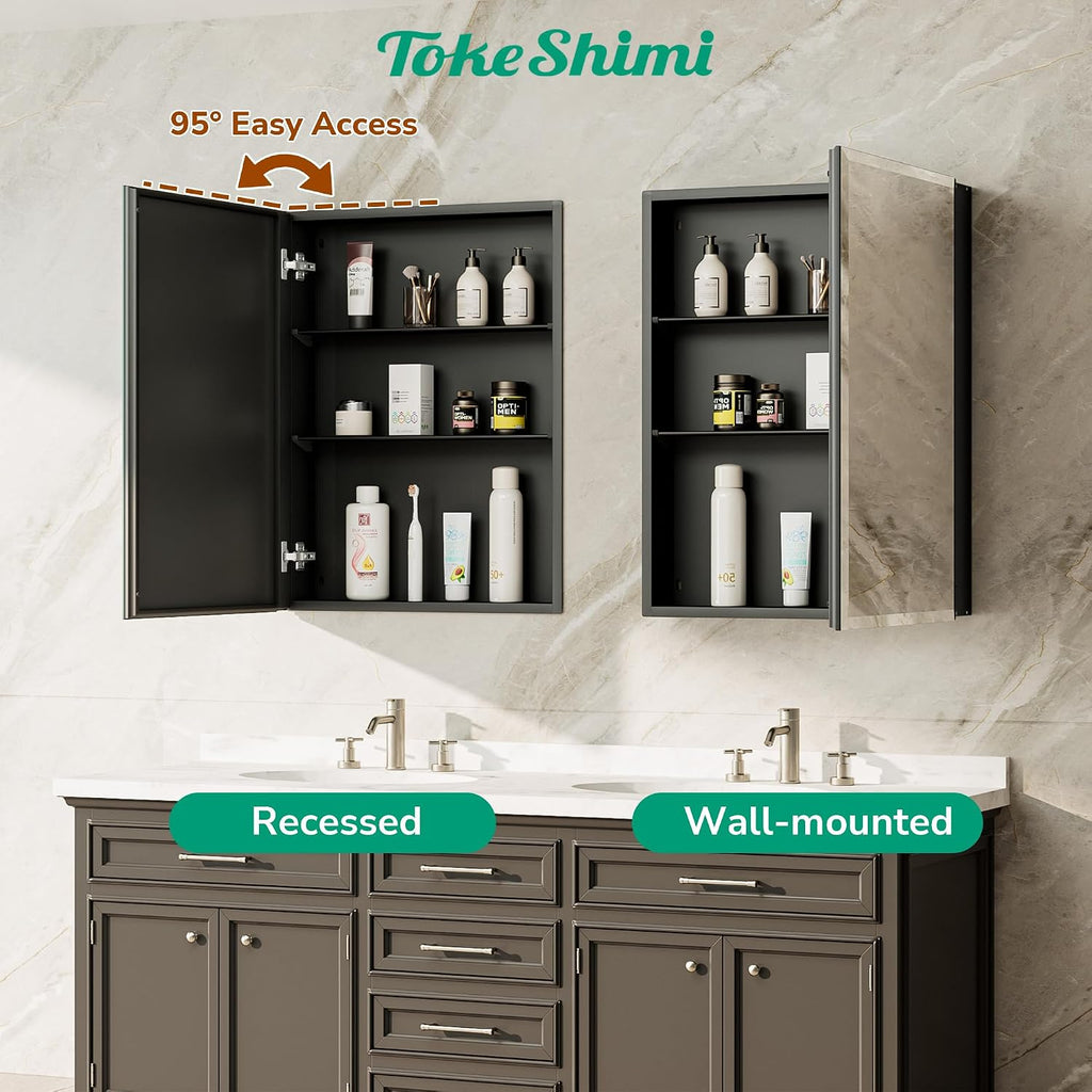 TokeShimi 14 x 24 Medicine Cabinet with Mirror, Assembly Required, Black Recessed Bathroom Medicine Cabinet with Tempered Beveled Mirror, Stepless Adjustable Shelves, DTC Hinge