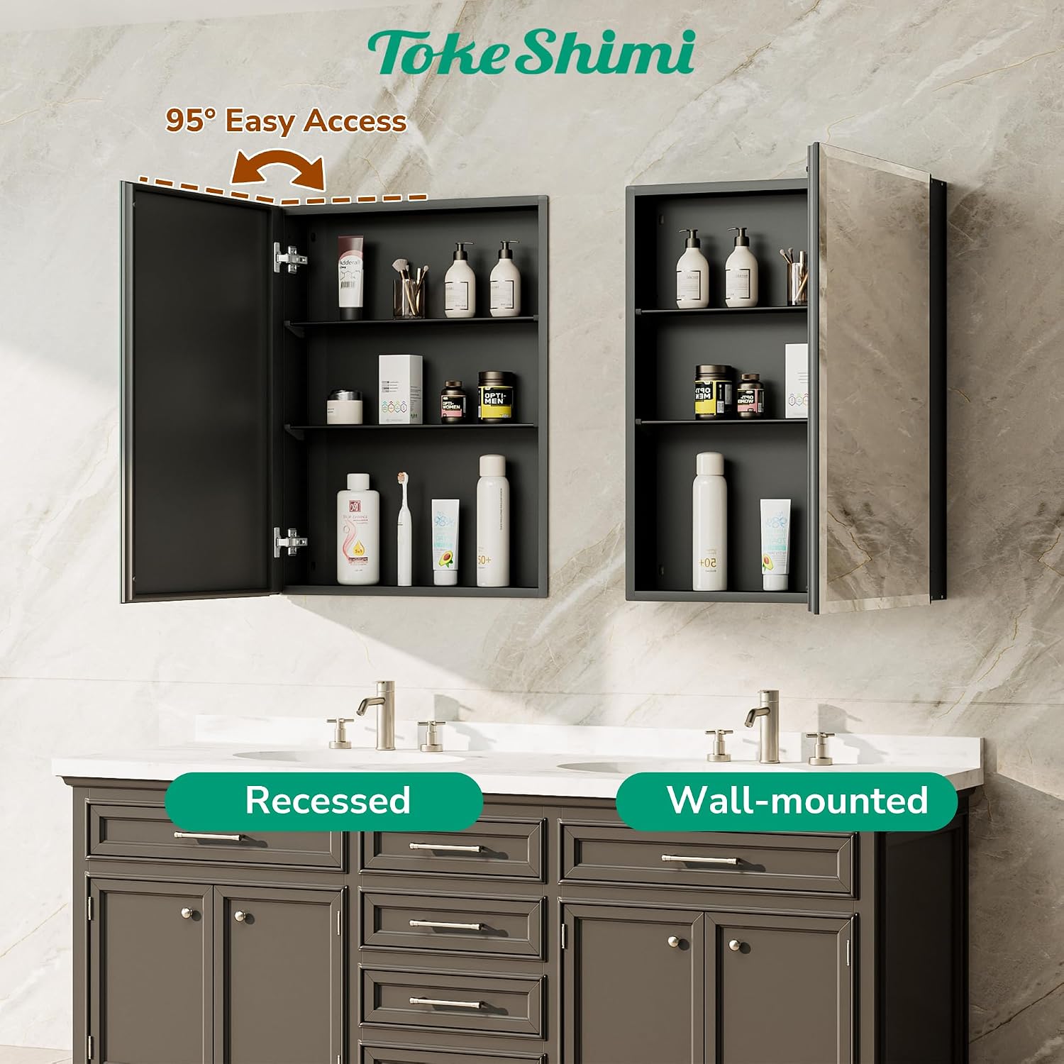 TokeShimi 14 x 24 Medicine Cabinet with Mirror, Assembly Required, Black Recessed Bathroom Medicine Cabinet with Tempered Beveled Mirror, Stepless Adjustable Shelves, DTC Hinge