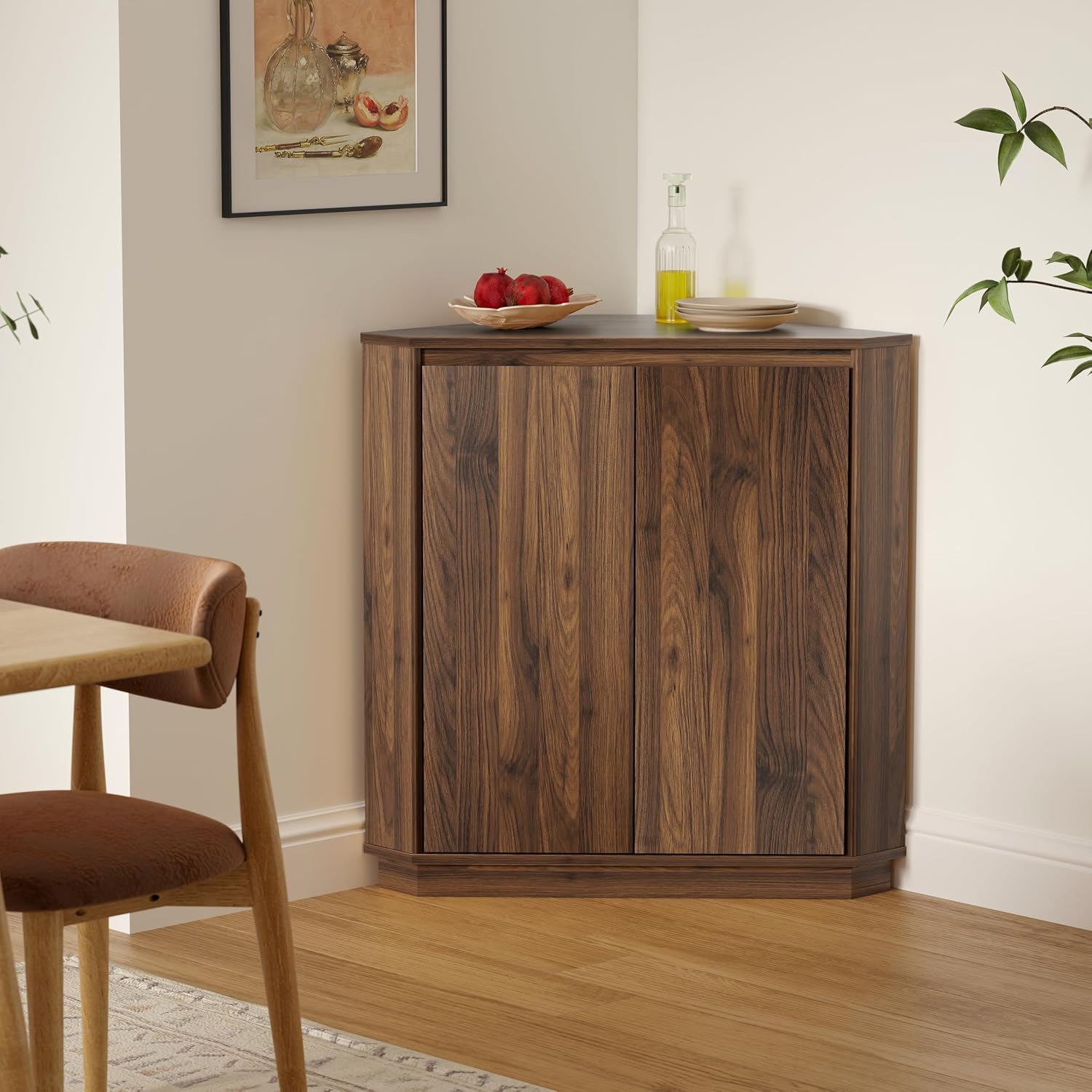EYYTHUNG Corner Cabinet, Modern Handless Corner Floor Cabinet with 2 Doors and 2-Tier Shelves, Freestanding Narrow Organizer for Living Room Kitchen Bathroom, Brown