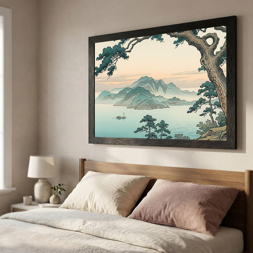 Framed Coastal Dawn Wall Art - Japanese Woodblock Style Pine Tree Seascape - Premium Black Frame - Ready to Hang 12x18 inch Decor for Home and Office - 24x36 Inch