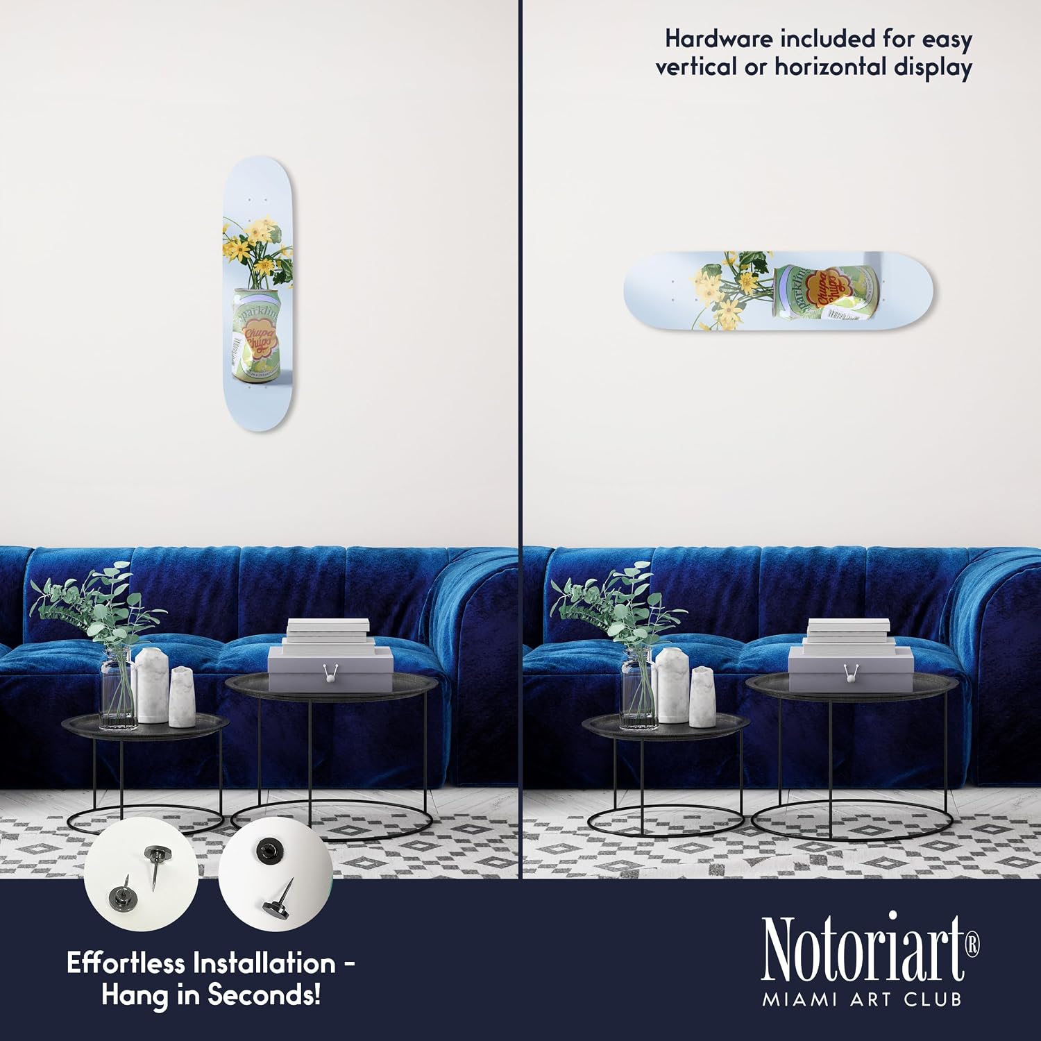Trendy Pop Acrylic Wall Art Die-Cut Easy-to-Hang, 1 Panel 8' x 32', Sparkling Floral Vase Skateboard
