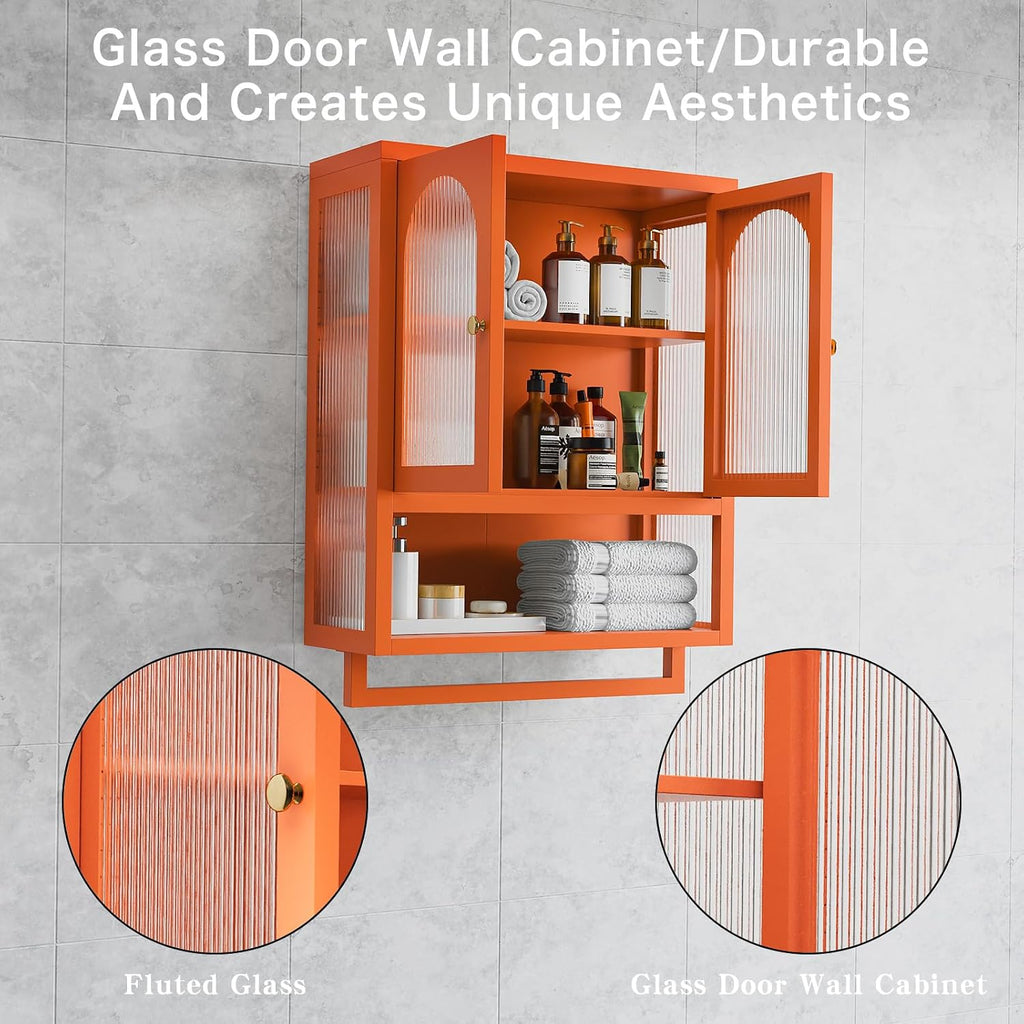 ALBAD Metal Bathroom Wall Cabinet with Fluted Glass Door and Towel Bar Wall-Mounted Medicine Cabinets Over the Toilet for Modern Bathroom, Kitchen, Garage, Laundry Room, Orange