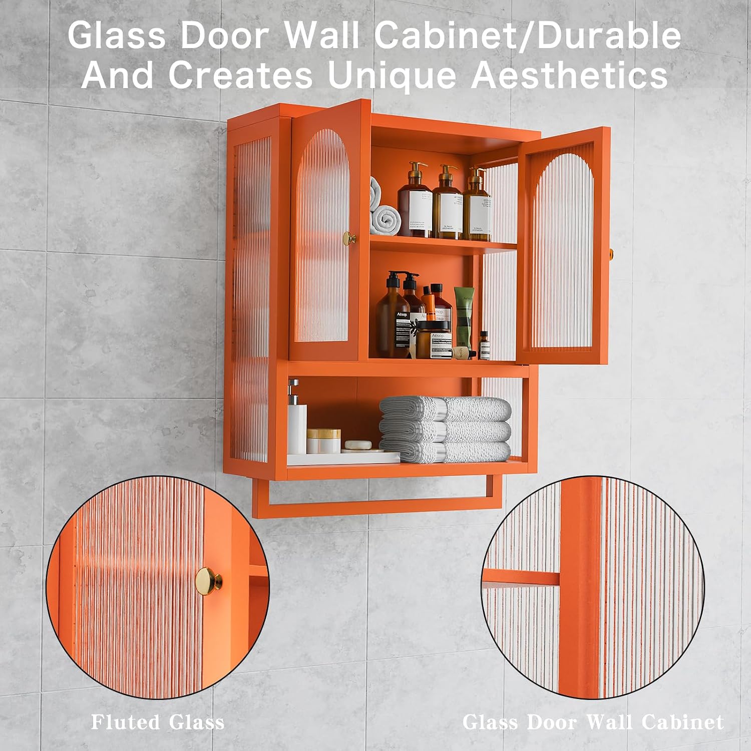 ALBAD Metal Bathroom Wall Cabinet with Fluted Glass Door and Towel Bar Wall-Mounted Medicine Cabinets Over the Toilet for Modern Bathroom, Kitchen, Garage, Laundry Room, Orange