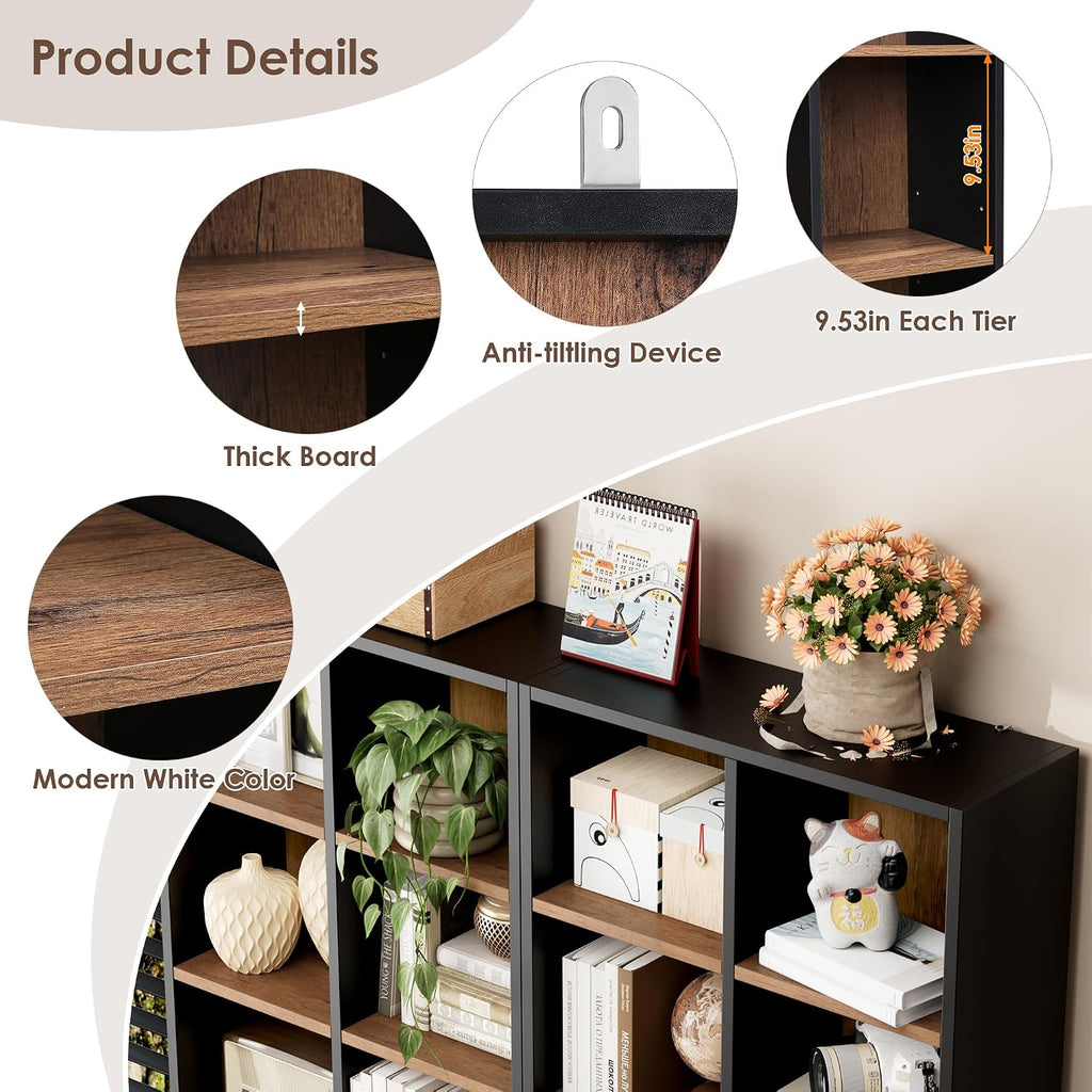 FOTOSOK 71'' Tall Bookshelf Set of 2, 7 Tier Large Bookshelf with Adjustable Shelves, Wide Bookcases and Bookshelf, DVD/CD Media Tower Storage, Cube Book Shelf Display Shelf Cabinet, Black/Brown