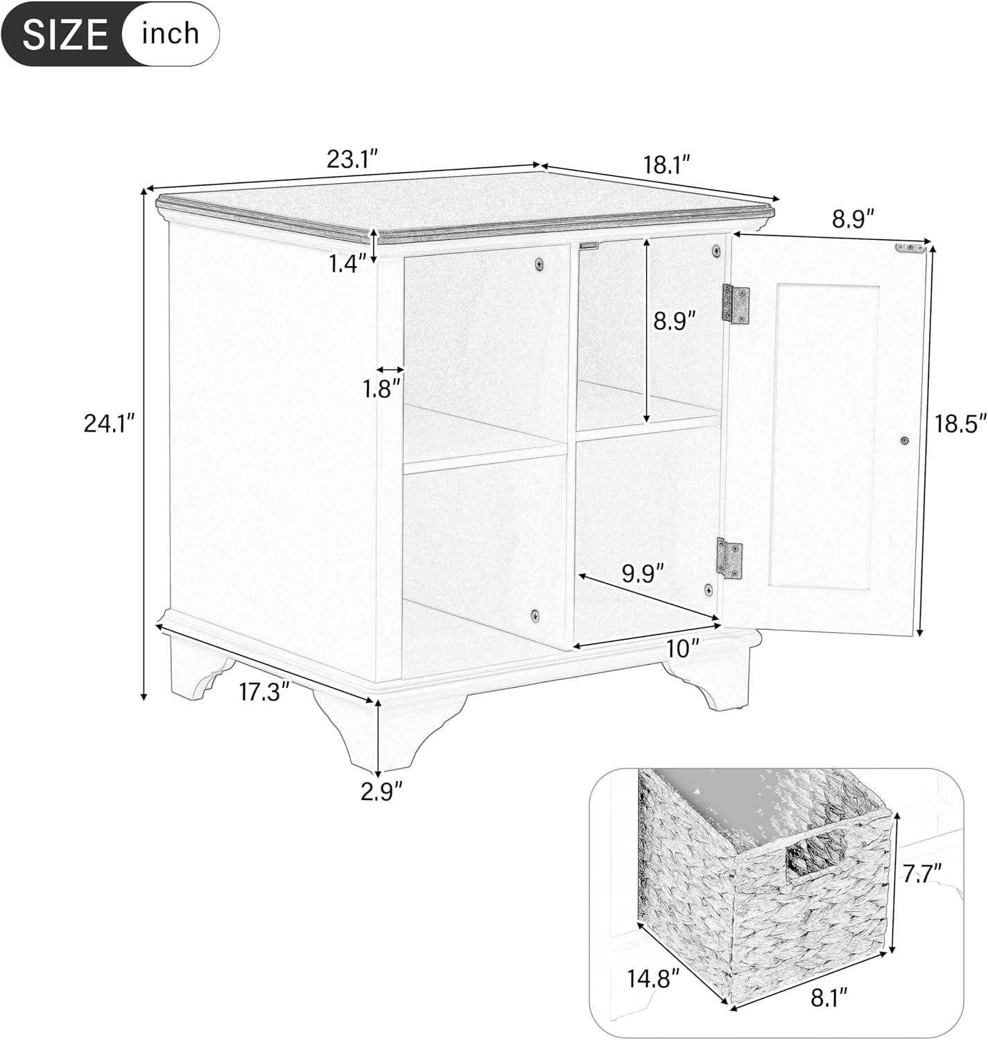 Multifunctional End Table Side Table with a Shutter Style Door and 2 Woven Grass Baskets, Sofa Side Narrow Table, Wood Bedside Nightstand for Living Room Bedroom (White-4.7)