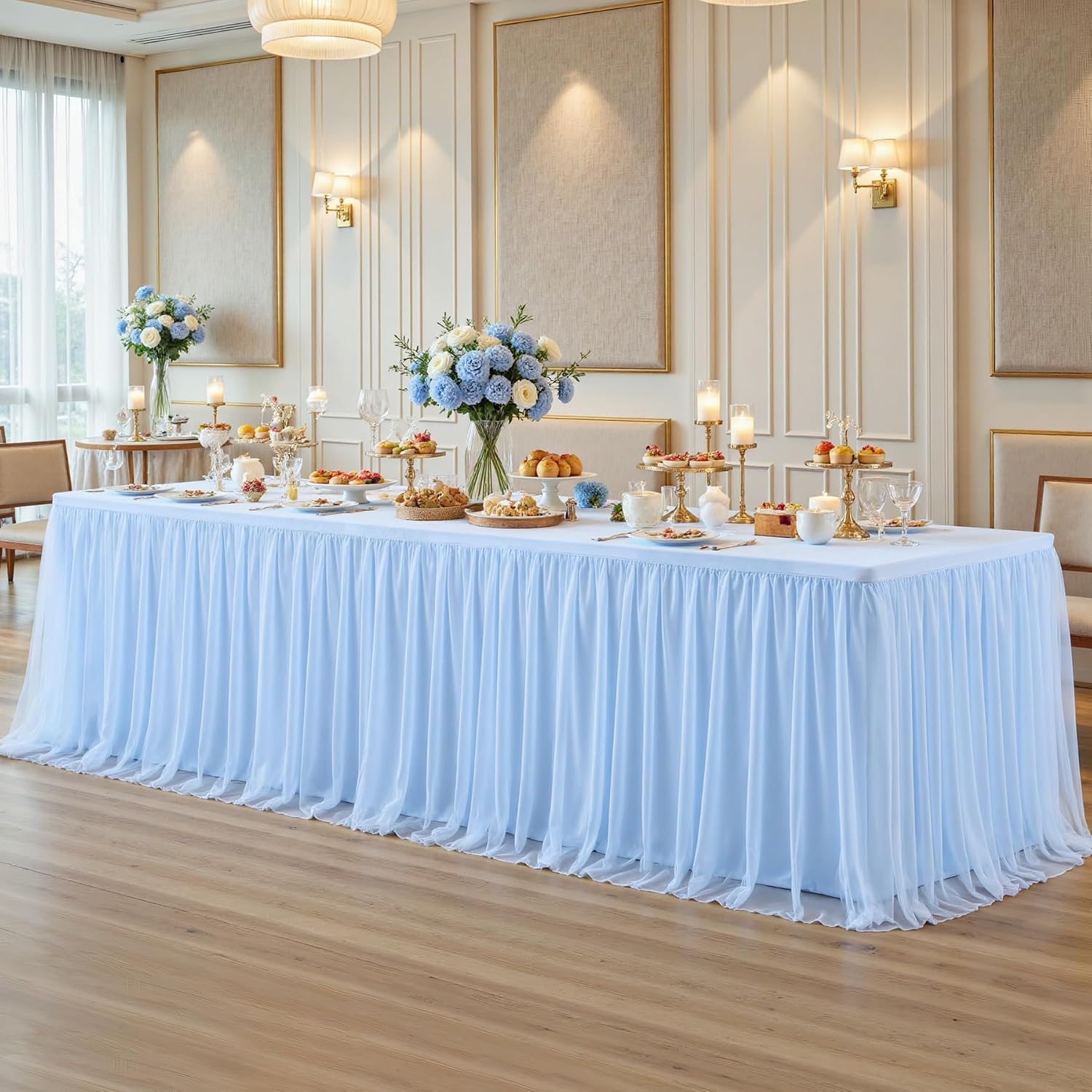 4 Pack Baby Blue Tulle Tablecloth Skirt for 8 Foot Rectangle Tables Baby Shower Tablecloths Blue Ruffle Tutu Table Skirt Stretch Fitted Table Covers for Wedding Birthday Party Banquet Reception