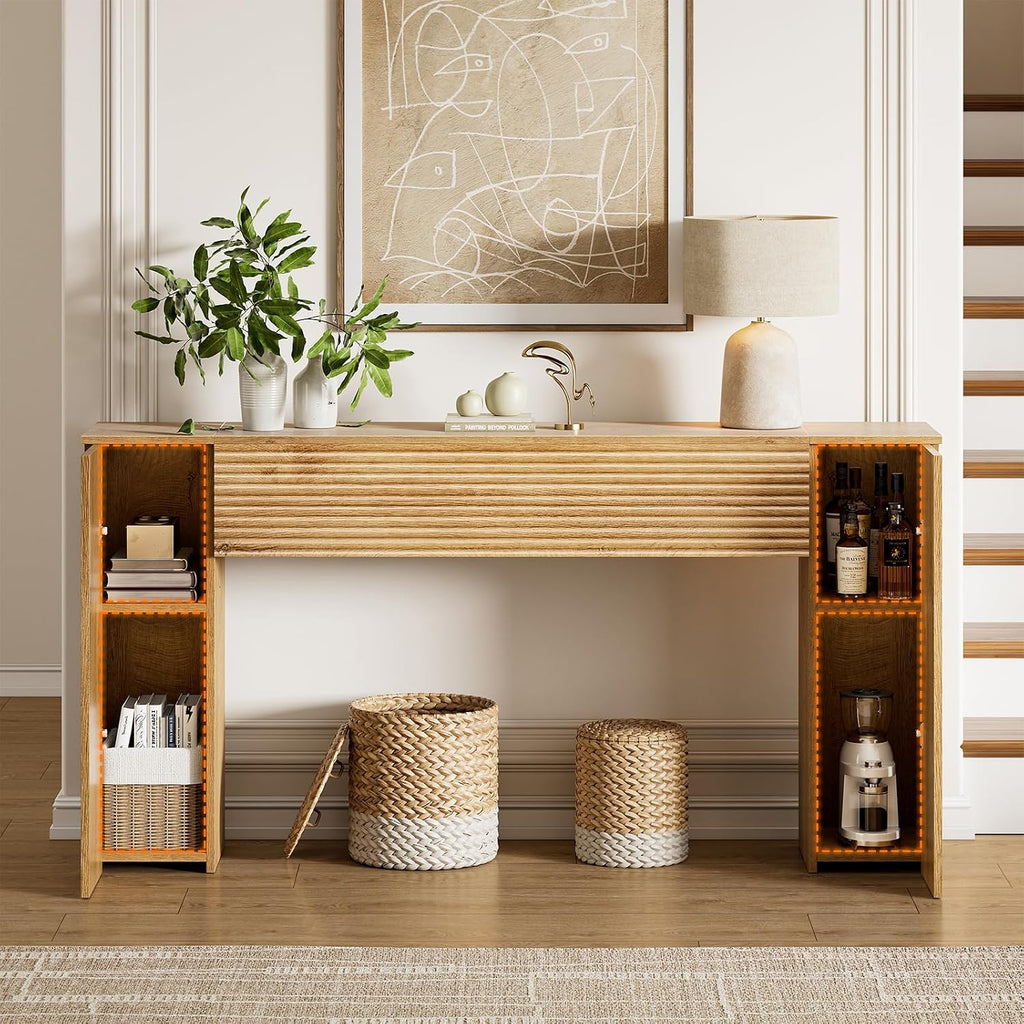 FABATO 61'' Fluted Long Console Table, Wooden Rectangular Sofa Table Behind The Couch, Narrow Entryway Table with 2 Hidden Storage Cabinets for Entrance, Hallway, Living Room, Foyer, Wood