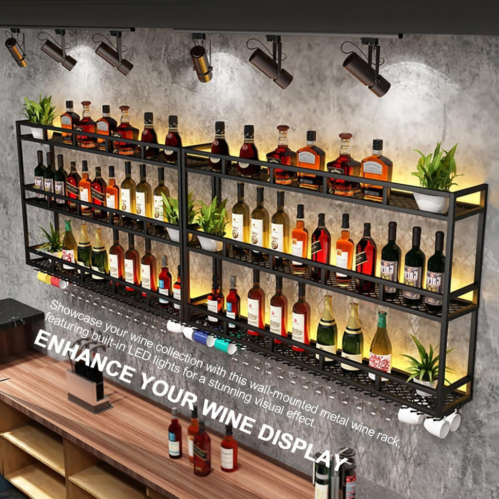Large Heavy Duty 47in Wine Rack with LED Wall Mounted Bottle Glass Holder Under Shelf, 3-Tiers Liquor Floating Shelves Display Storage Organizer Hanging Long Stemware Goblet Metal for Home Bar