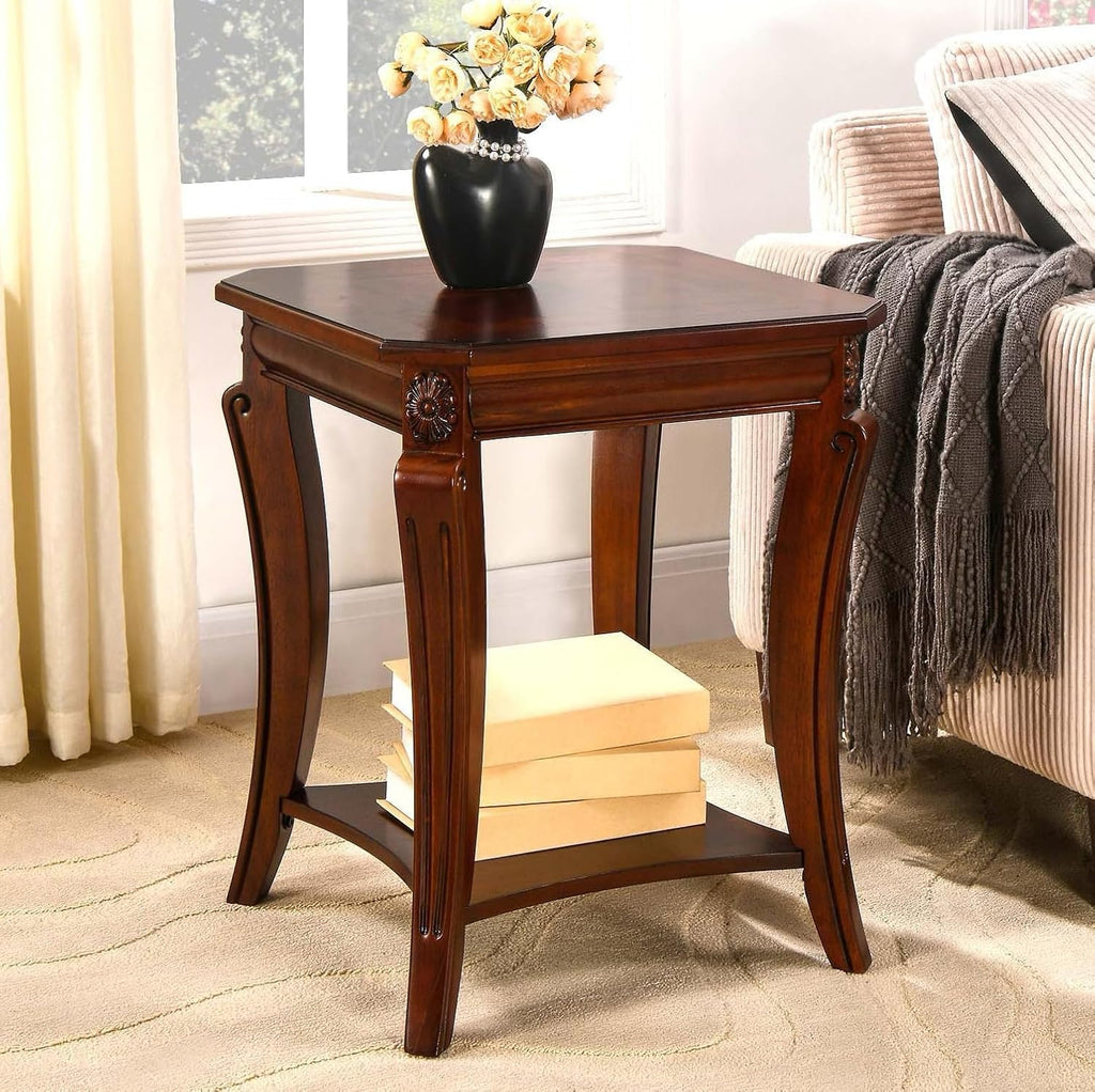 Square End Table with Storage Shelf, Farmhouse Sofa Side Tables for Living Room, Solid Wood Beside Table- With Floral Tabletop,Telephone Tabless, 19.7'D x 19.7'W x 23.8'H Cherry Brown CJZ-A1168-WD