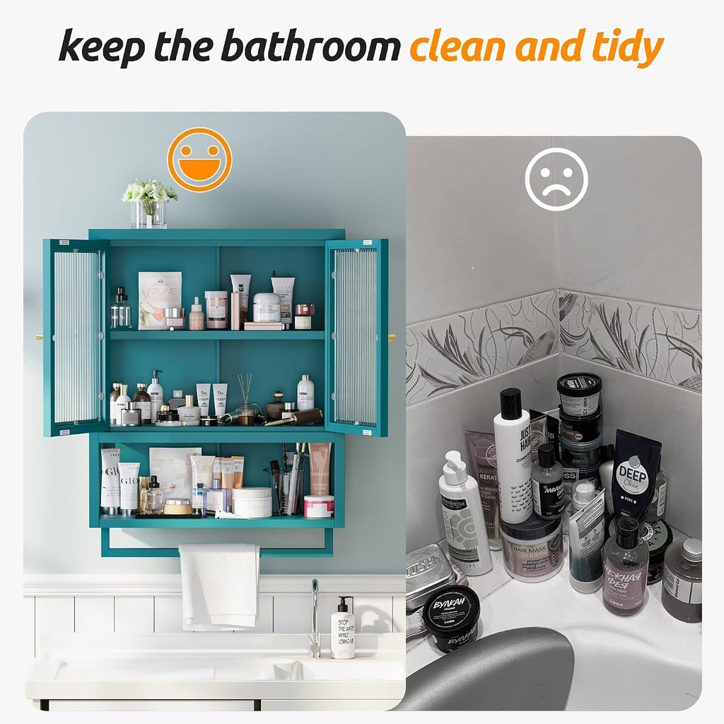 Bathroom Wall Cabinet with 2 Glass Door, Bathroom Medicine Cabinet with Towels Bar and Shelves, Over The Toilet Storage Cabinet, Metal Wall Mounted Cabinet for Kitchen (Blue)