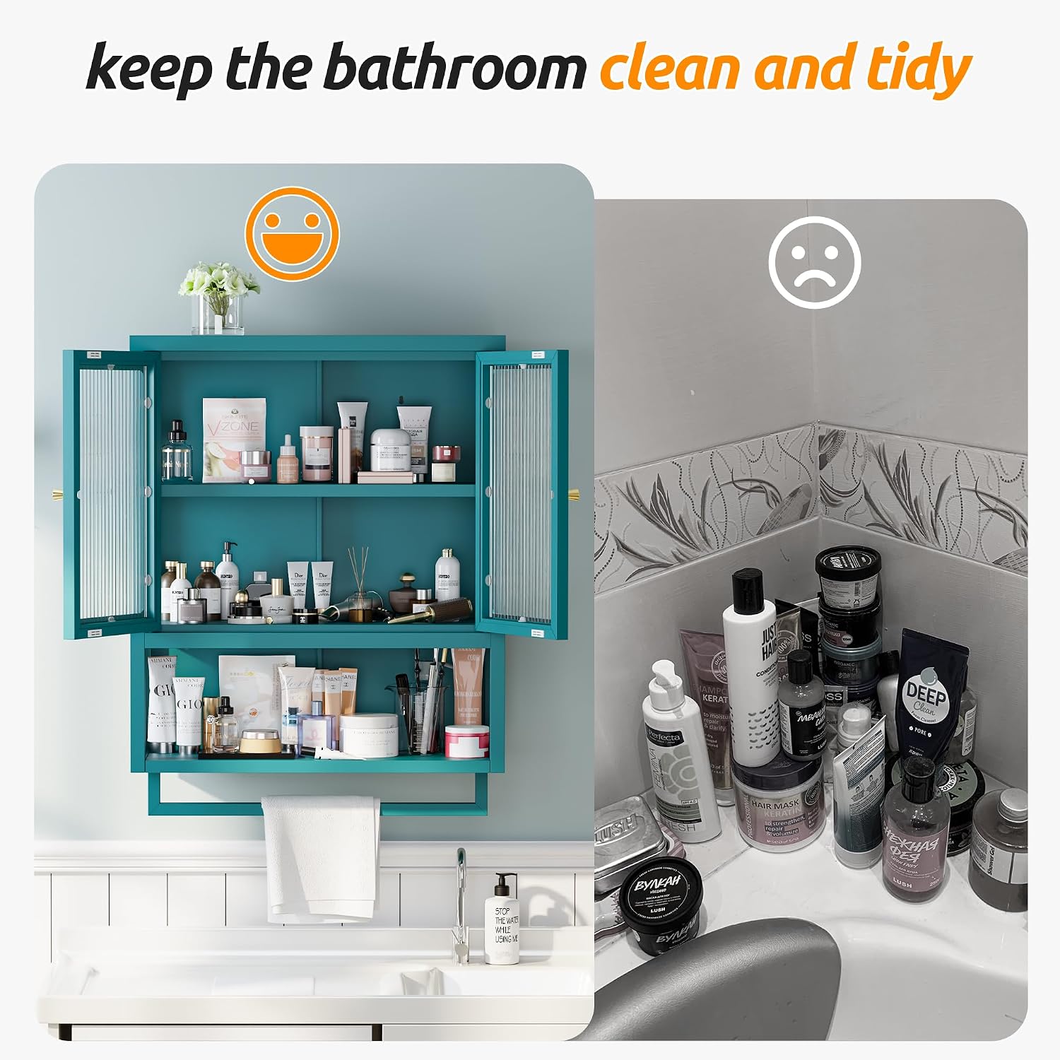 Bathroom Wall Cabinet with 2 Glass Door, Bathroom Medicine Cabinet with Towels Bar and Shelves, Over The Toilet Storage Cabinet, Metal Wall Mounted Cabinet for Kitchen (Blue)