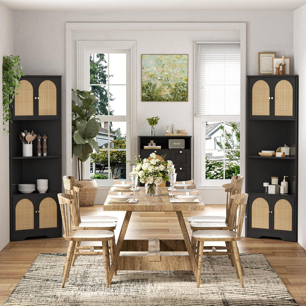 FiveWillowise 67''H Tall Corner Cabinet with Handmade Rattan Door, Rattan Storage Cabinet with Adjustable Shelves, Corner Bookshelf Space Saver for Barthroom, Kitchen, Living Room, Black