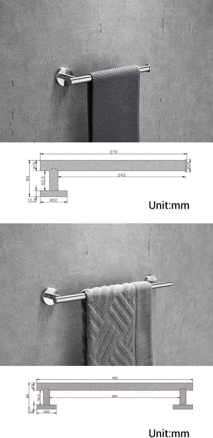 Bathroom Hardware Set Accessories Kit Brushed Stainless Steel Round Wall Rack Hand Bar Toilet Roll Paper Holder Robe Towel Hook,BG,60cm,Set