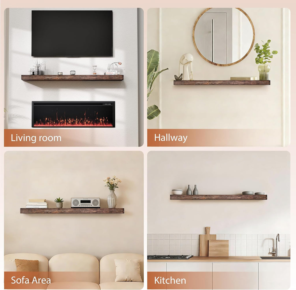 60 Inch Fireplace Mantel Shelf - 8' Deep Solid Wood Floating Mantel for Over Fireplace - 90LBS with Invisible Bracket - Handcrafted TV Decor for Livingroom & Bedroom - Charred Rustic Brown