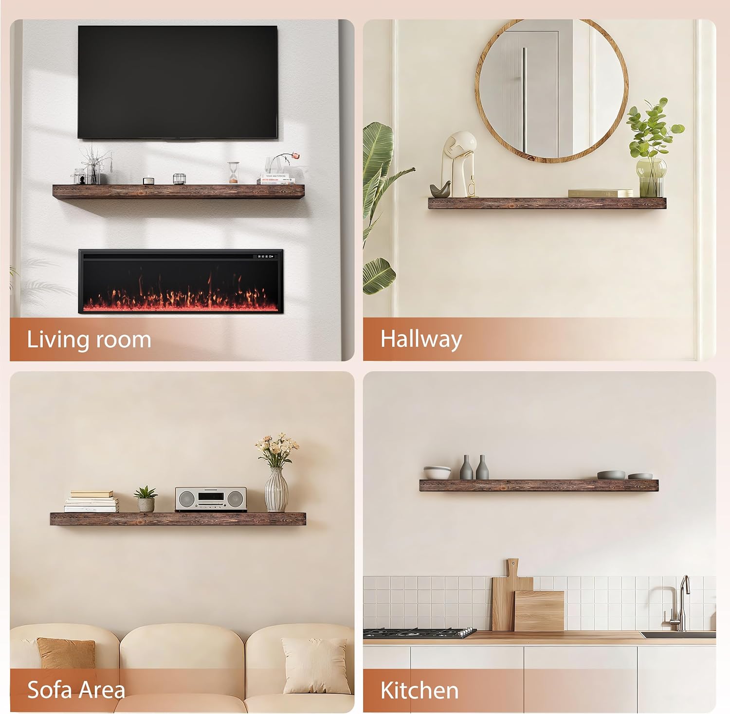 60 Inch Fireplace Mantel Shelf - 8' Deep Solid Wood Floating Mantel for Over Fireplace - 90LBS with Invisible Bracket - Handcrafted TV Decor for Livingroom & Bedroom - Charred Rustic Brown