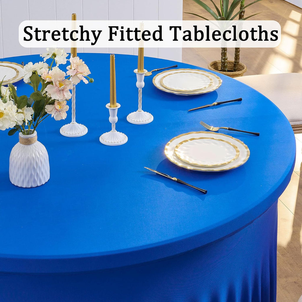 6 Pack Spandex Royal Blue Round Table Cloths for 60 inch Table, Wrinkle Free 120 inch Tablecloths Stretchy Round Tablecovers for Wedding Birthday Parties Banquet