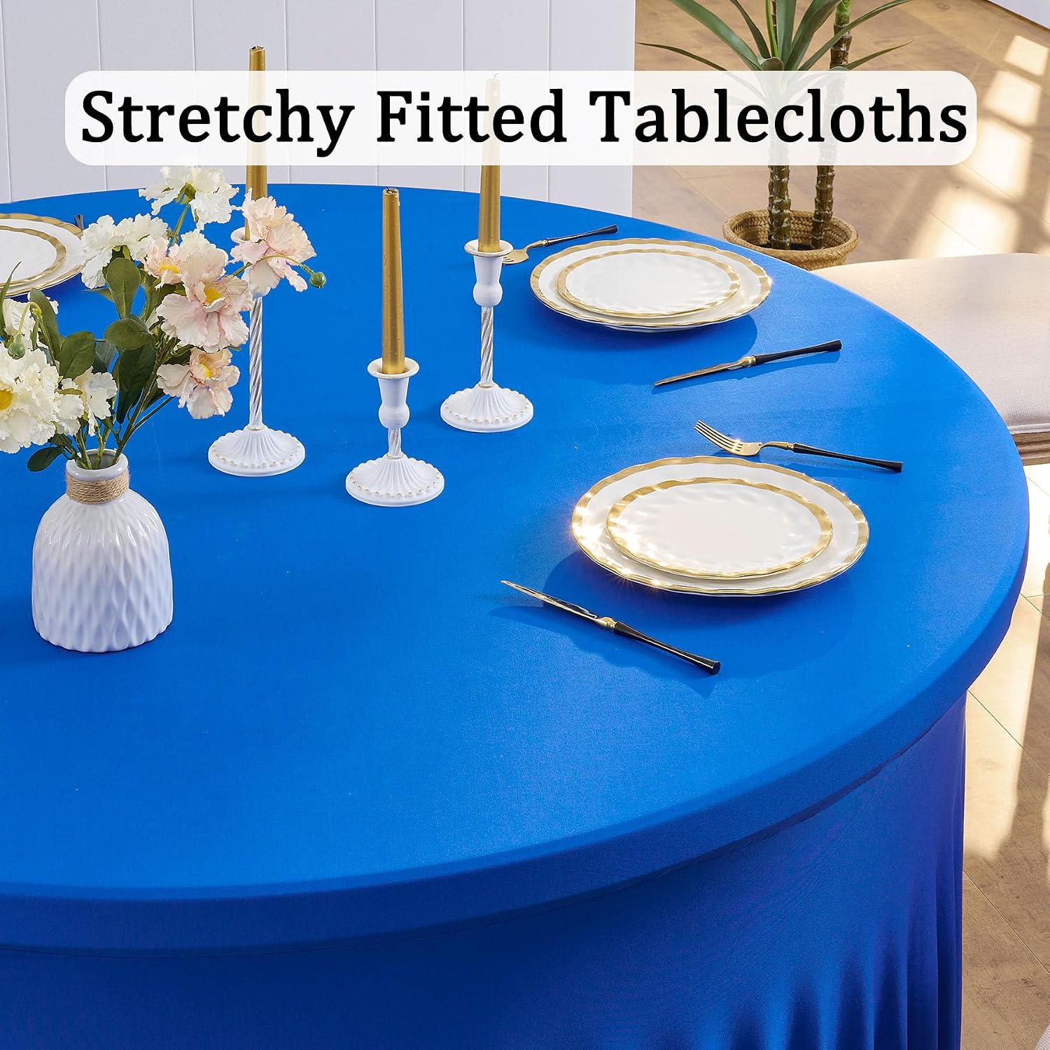 6 Pack Spandex Royal Blue Round Table Cloths for 60 inch Table, Wrinkle Free 120 inch Tablecloths Stretchy Round Tablecovers for Wedding Birthday Parties Banquet