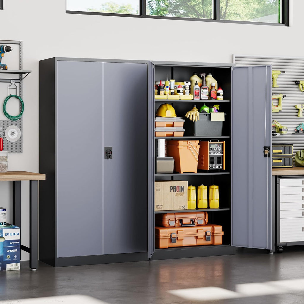 Yizosh Metal Garage Storage Cabinet with Lock, 72' Locking Tool Cabinets with 2 Doors and 4 Shelves, Heavy Duty File Cabinet for Office, School (Gray Black)