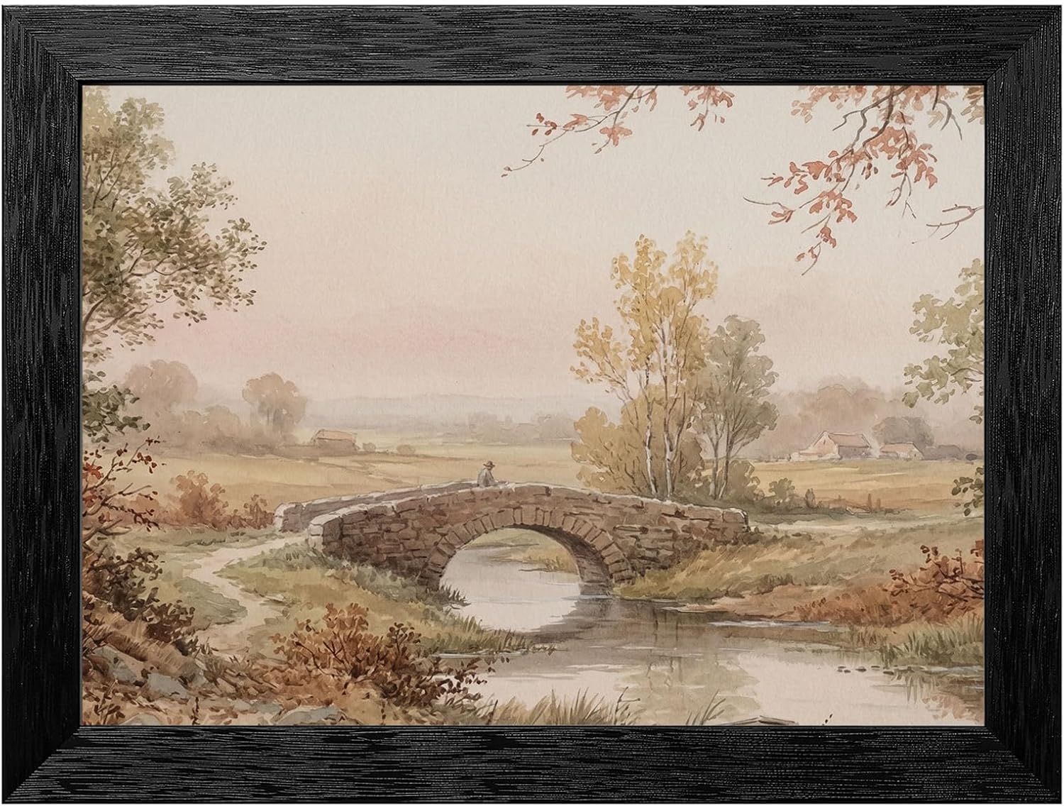 Framed Wall Art - 19th-Century Style Pastoral Landscape Stone Bridge in Black Frame - Vintage Watercolor Aesthetic Home Decor - Premium Art Print - 24x36 Inch