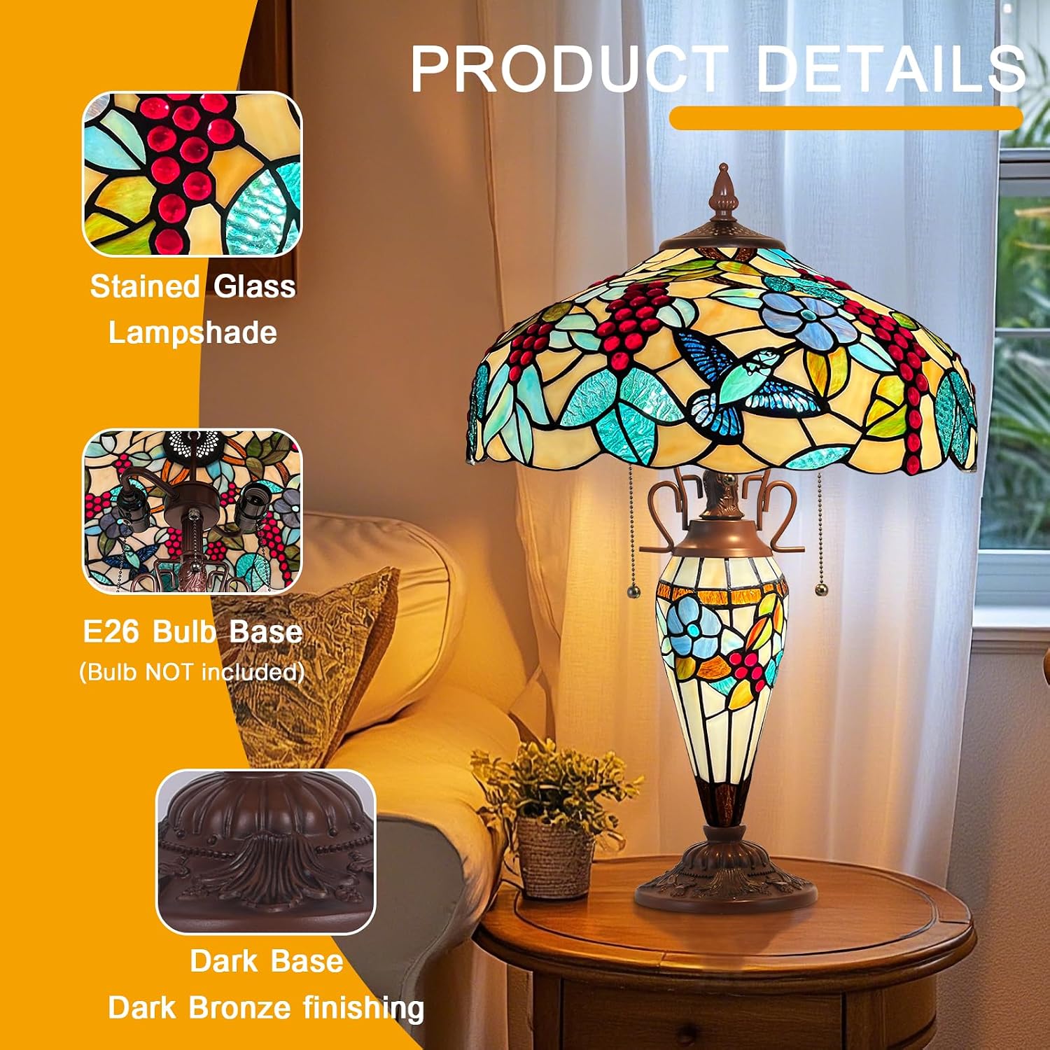 Capulina Tiffany Lamp Stained Glass Table Lamp with Nightlight 3-Light 16X16X25 Inches Mother-Daughter Vase Grape Tiffany Style Desk Lamp for Home Office Living Room Bedroom