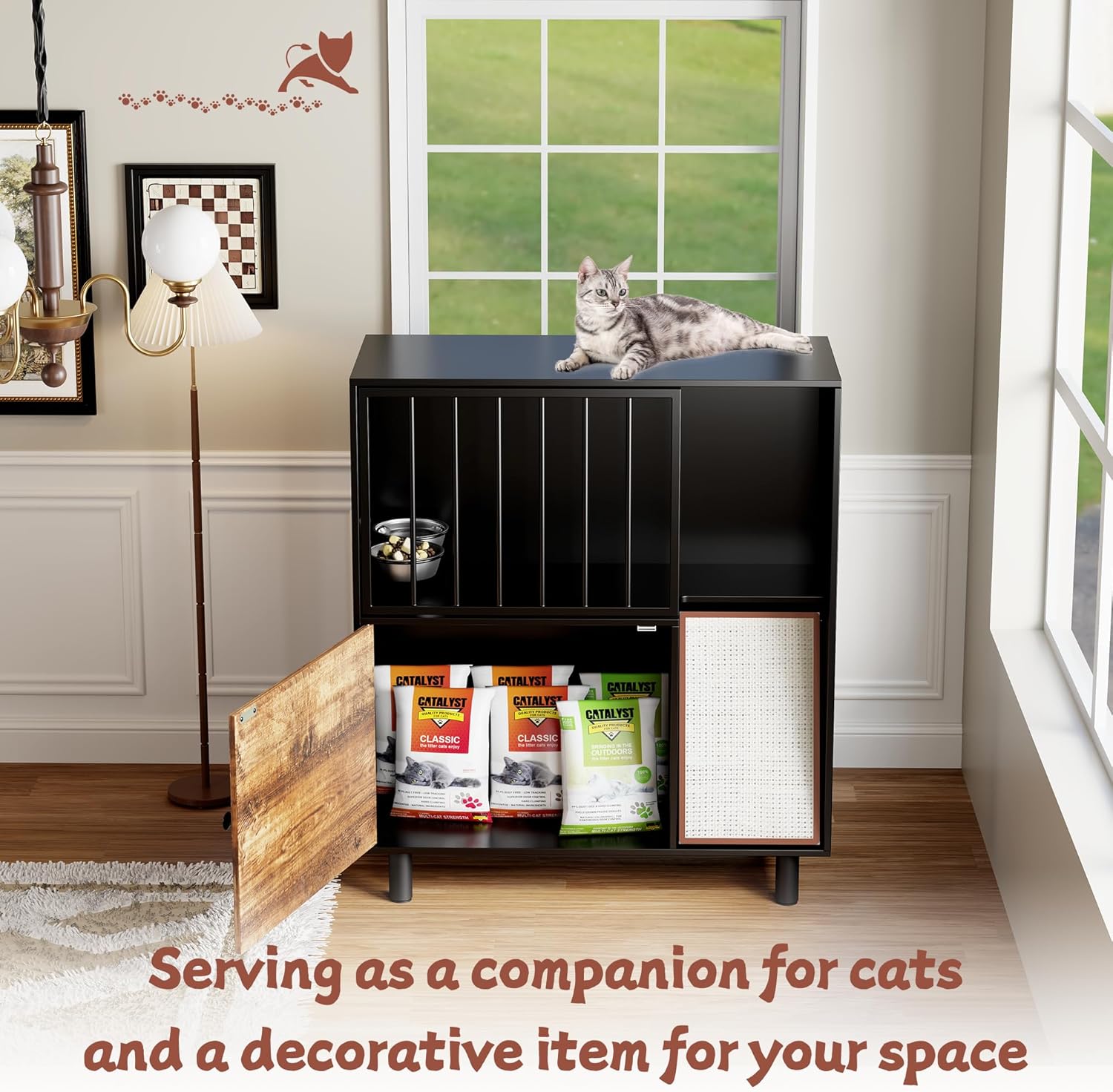 Dog Proof Cat Feeding Station, Cat Feeding Station Furniture with Storage and Cats Scratching Board, 2 Raised Pet Food and Water Bowl for Indoor Cats, Large Pet Cabinet