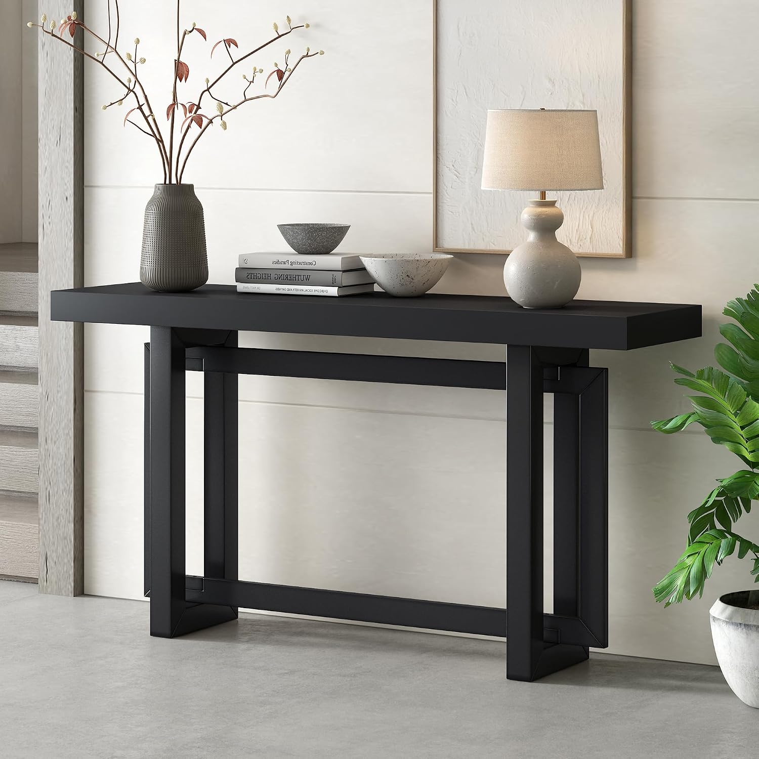 Merax Wood Entryway Console Table, Modern Line Frame with Industrial Concrete Top, for Living Room/Hallway/Foyer, Black