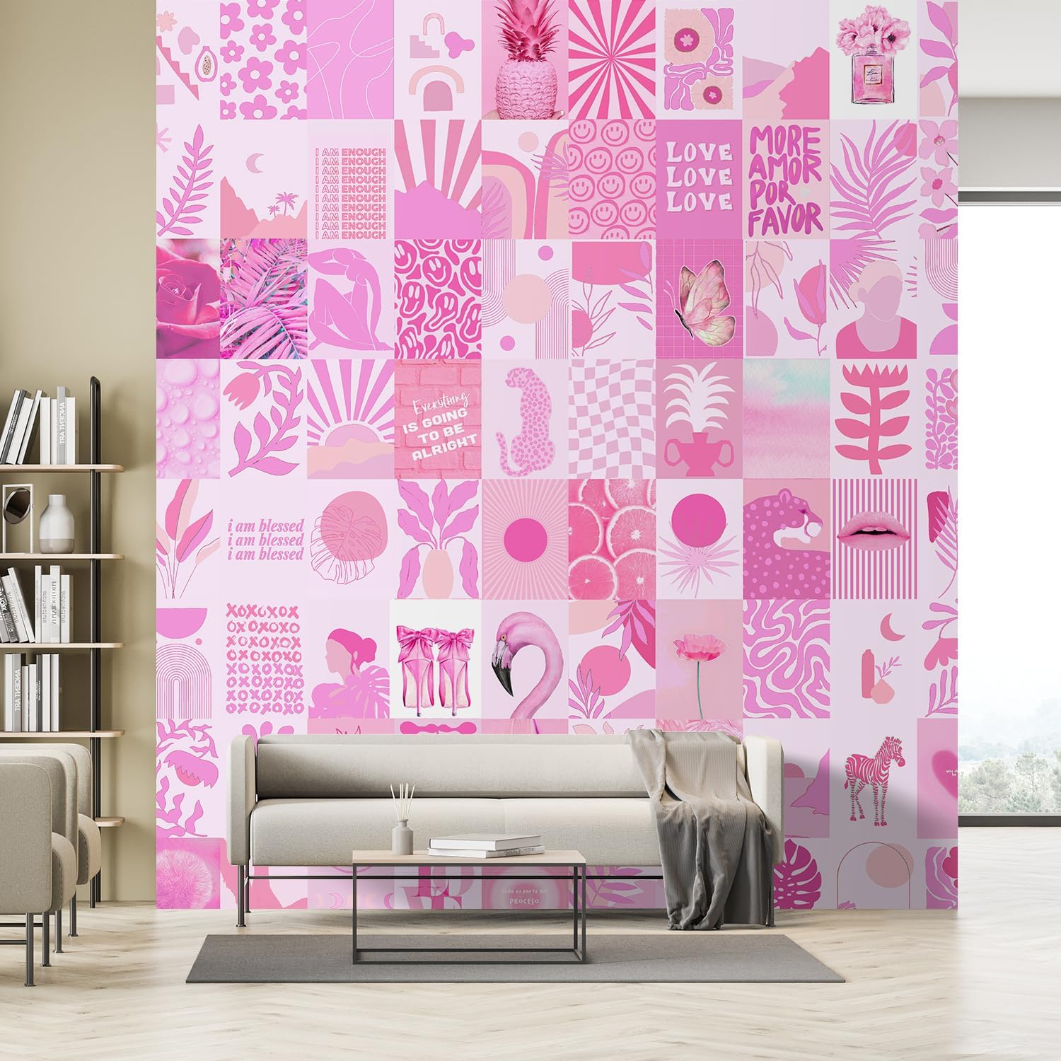 MUDECOR Wall Mural Playful Pink Pop Culture Dynamic Collage of Modern and Retro Removable Self-Adhesive Wallpaper Wall Decoration for Teen Girls Bedroom Dorm Living Room - 120'x72'