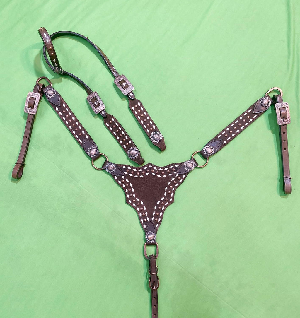 Argentina Cow Leather One Ear Headstall and Breast Collar Set - White Rawhide Buck Stitching & Copper Studs Detailing