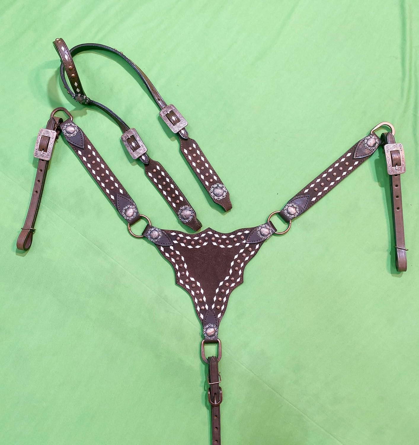 Argentina Cow Leather One Ear Headstall and Breast Collar Set - White Rawhide Buck Stitching & Copper Studs Detailing