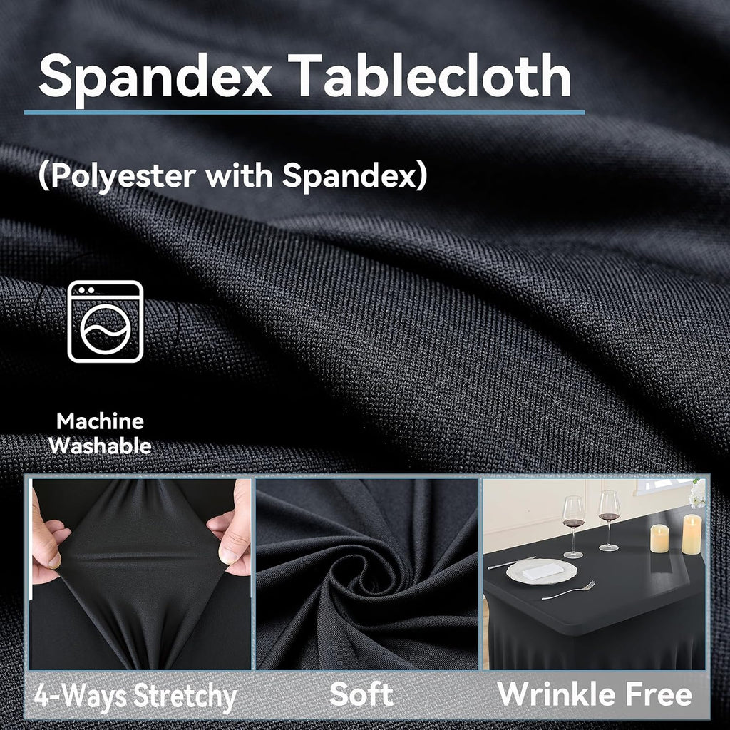 12 pk Black Spandex Tablecloth 8ft with Ruffled Skirt,Wrinkle Free High Stretch Fitted Tablecloths for 8 Foot Rectangle Tables,Pleated Elastic Spandex Table Covers 8ft for Parties Wedding Banquet