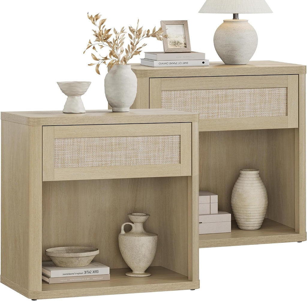 SICOTAS Night Stand Set of 2 26' Wide Large Nightstands with Drawer & Shelf Storage Rattan Bedside Table Boho End Table Tall Bed Side Tables Night Stands for Bedroom Living Room Sofa Office, Sand Oak