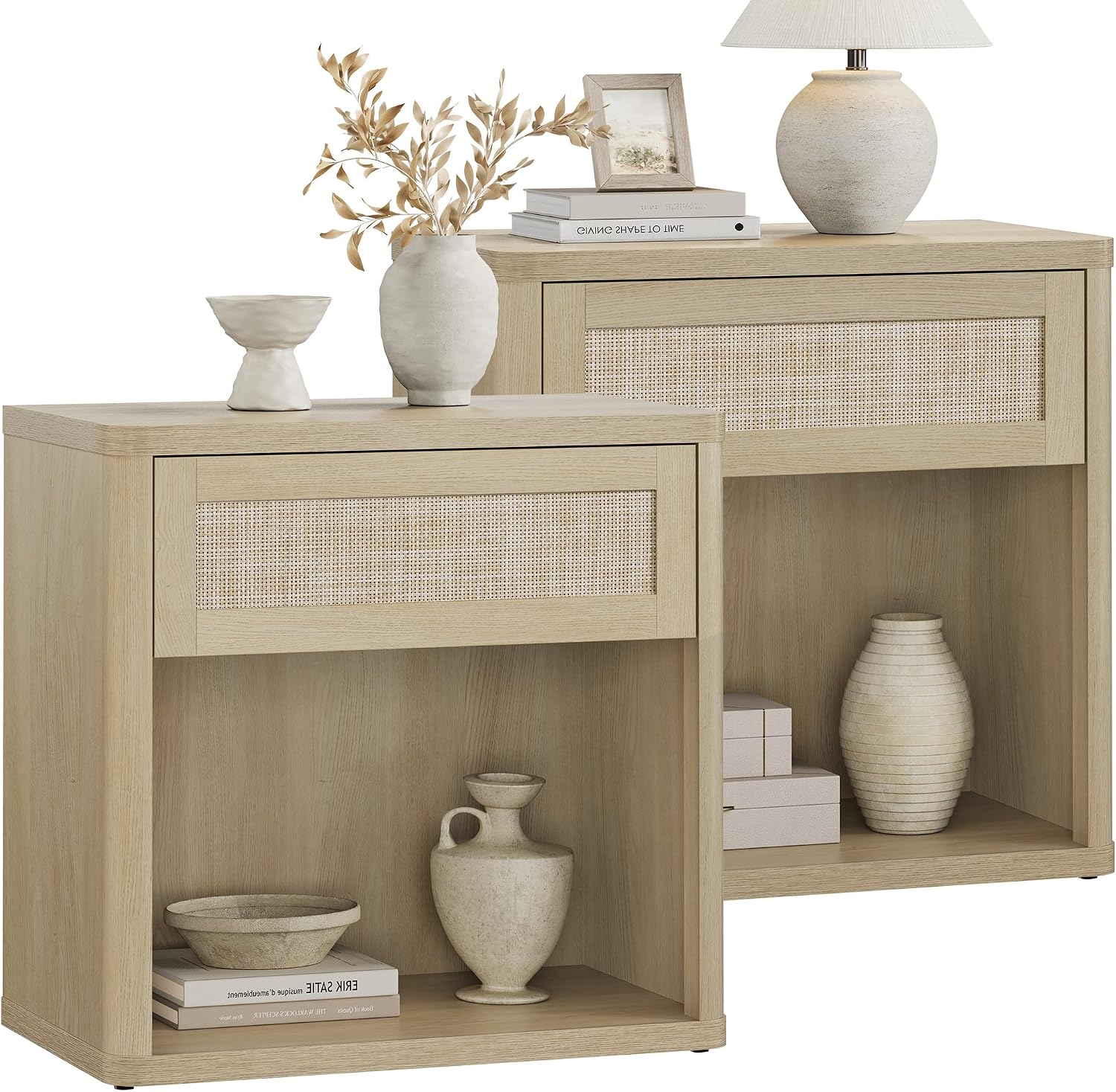 SICOTAS Night Stand Set of 2 26' Wide Large Nightstands with Drawer & Shelf Storage Rattan Bedside Table Boho End Table Tall Bed Side Tables Night Stands for Bedroom Living Room Sofa Office, Sand Oak